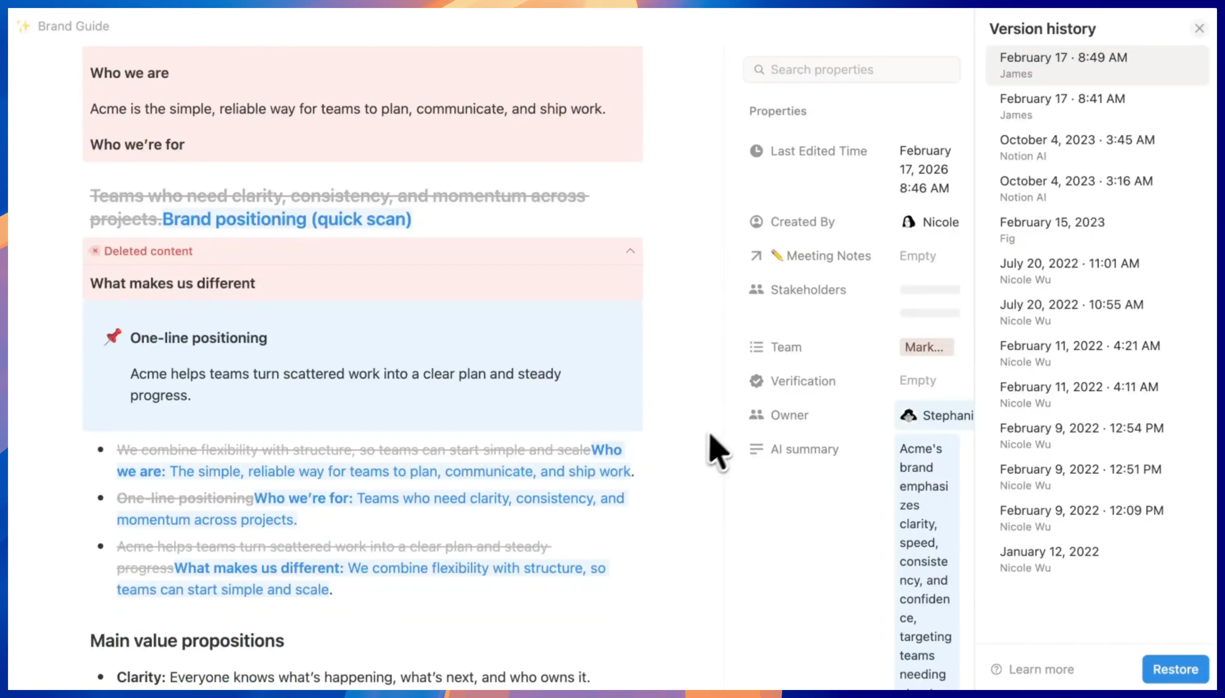 Notion Version History snapshot diff interface
