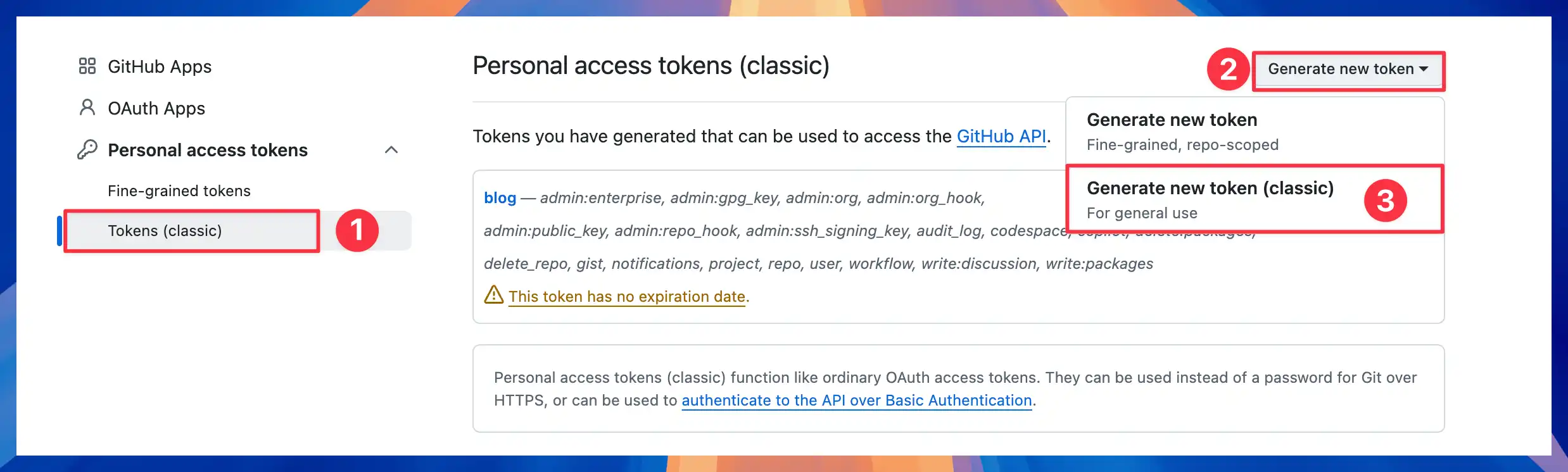 Generate a GitHub classic token