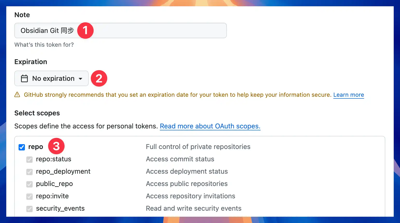 GitHub token scope setup