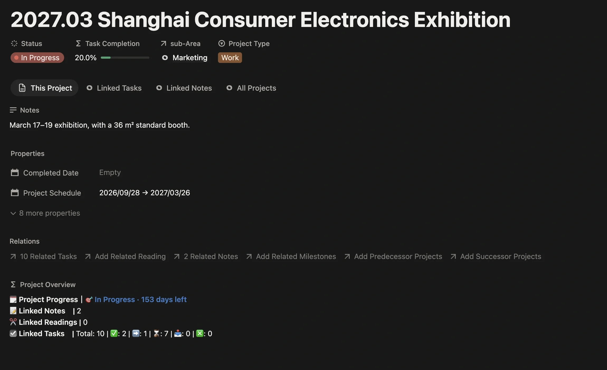 Exhibition project page with project type Work, sub-Area Marketing, and a schedule from kickoff to wrap-up
