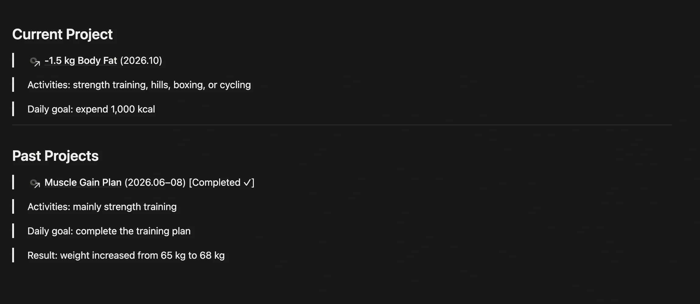 “Exercise Today” habit page body, split into the project it currently serves and archived past projects, each @-mentioned