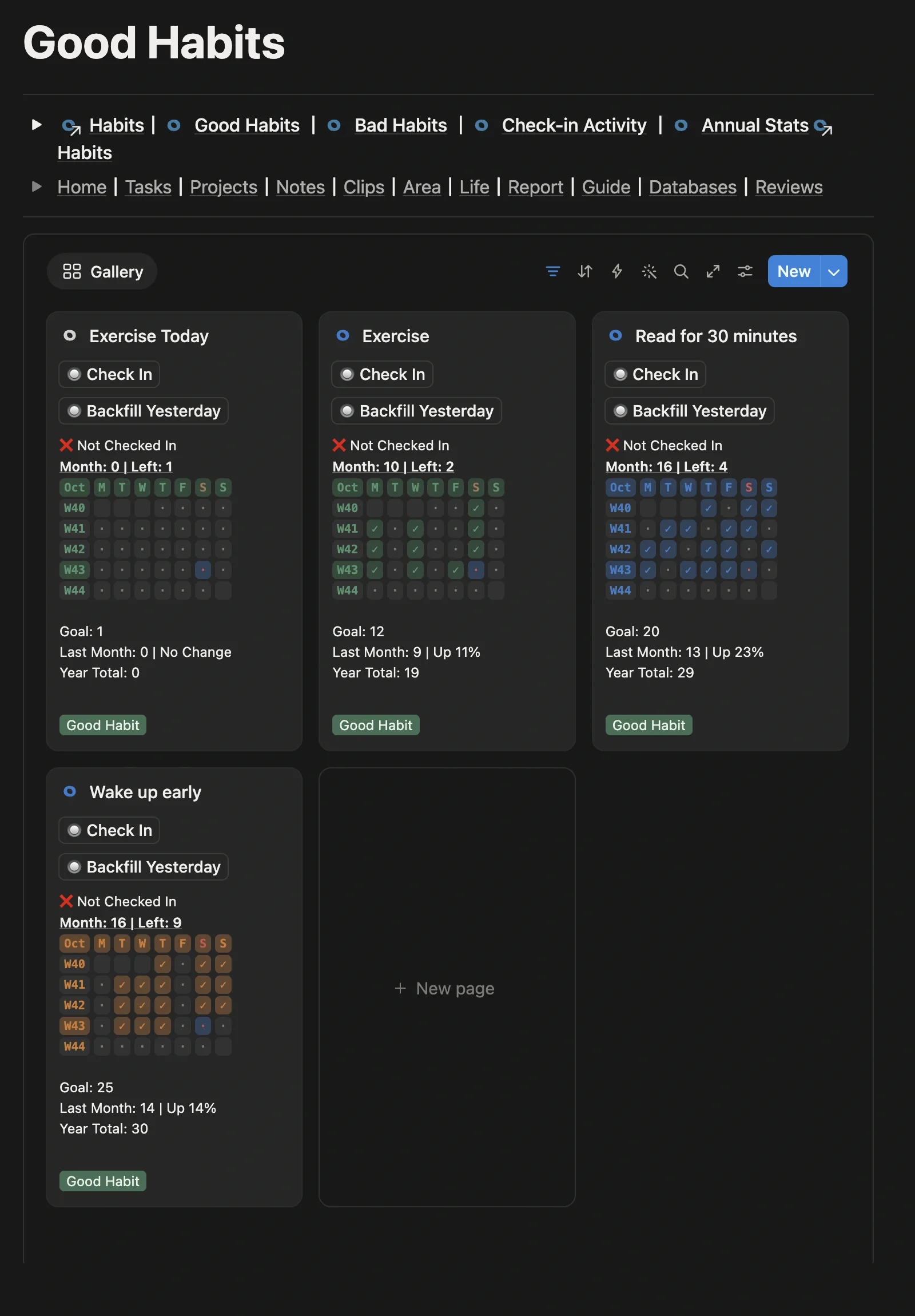 Gallery view of the Good Habits module, with the new “Exercise Today” habit card showing Check In and Backfill Yesterday buttons