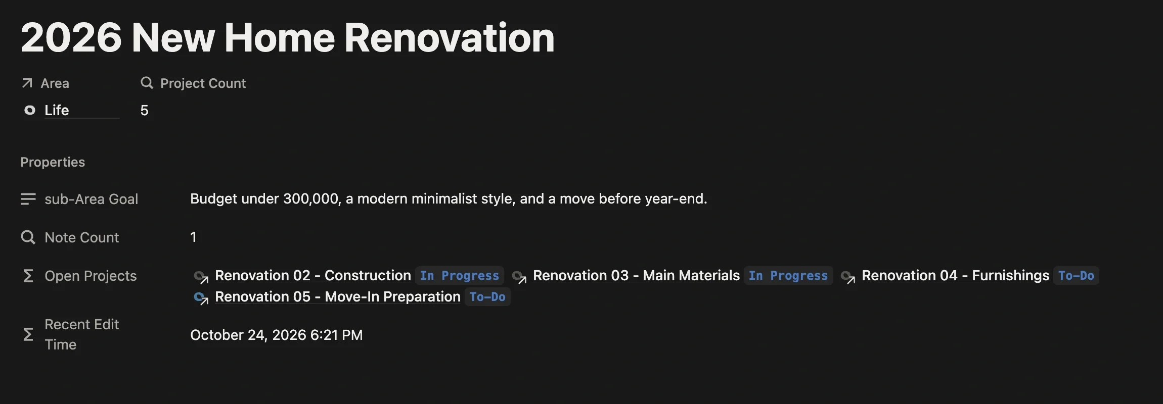 “2026 New Home Renovation” sub-Area page under the Life Area, listing each phase project and its status