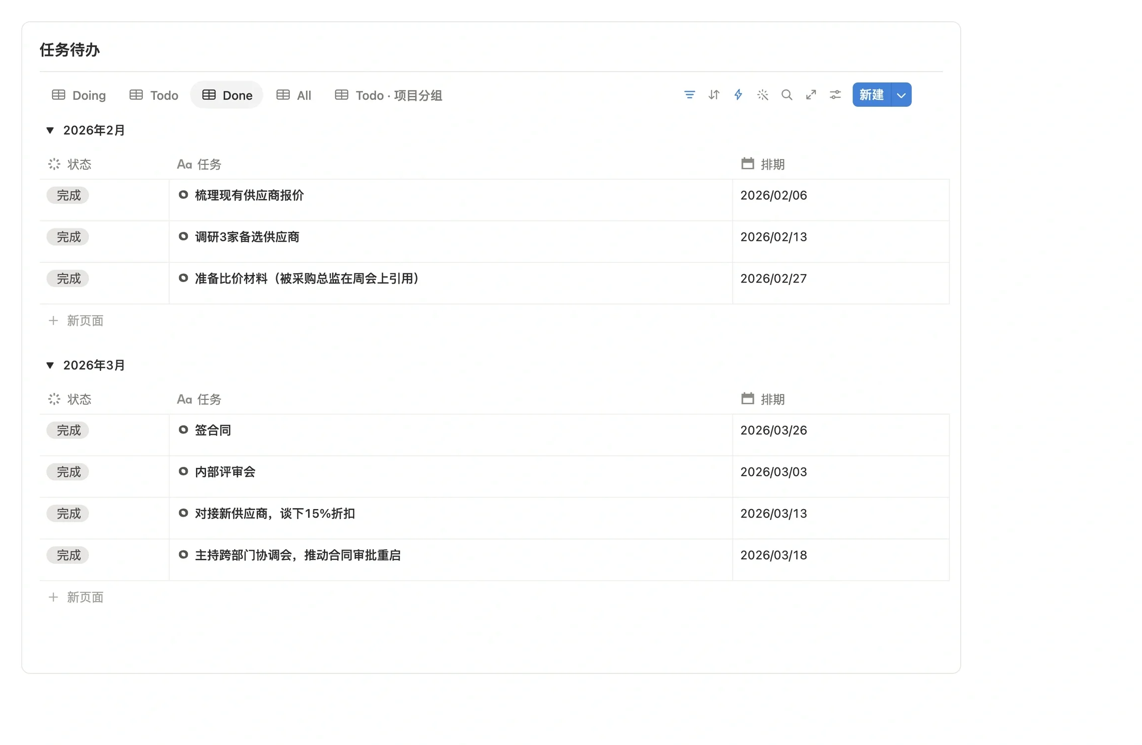 任务中心的任务待办区切到 Done 视图，已完成任务按月份分组