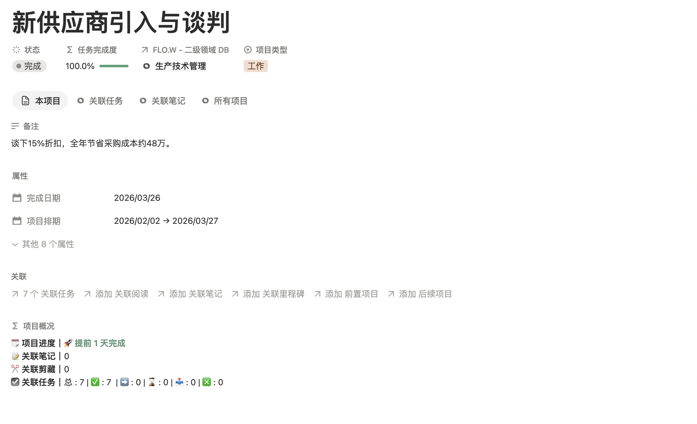 工作项目「新供应商引入与谈判」页面，显示状态、所属领域、项目排期和项目概况