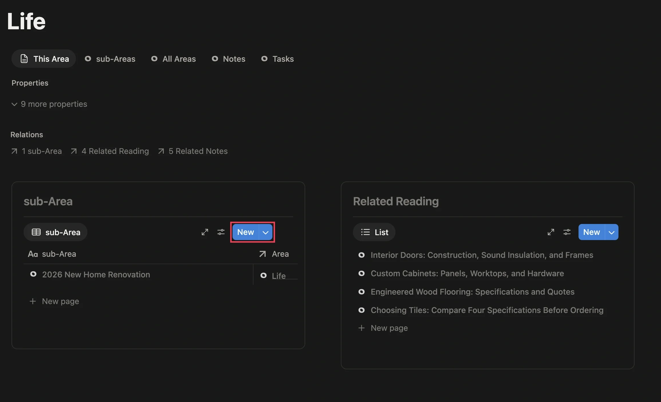 Sub-Area module on the Life Area page, with the New button highlighted in red and the newly created 2026 New Home Renovation sub-Area below