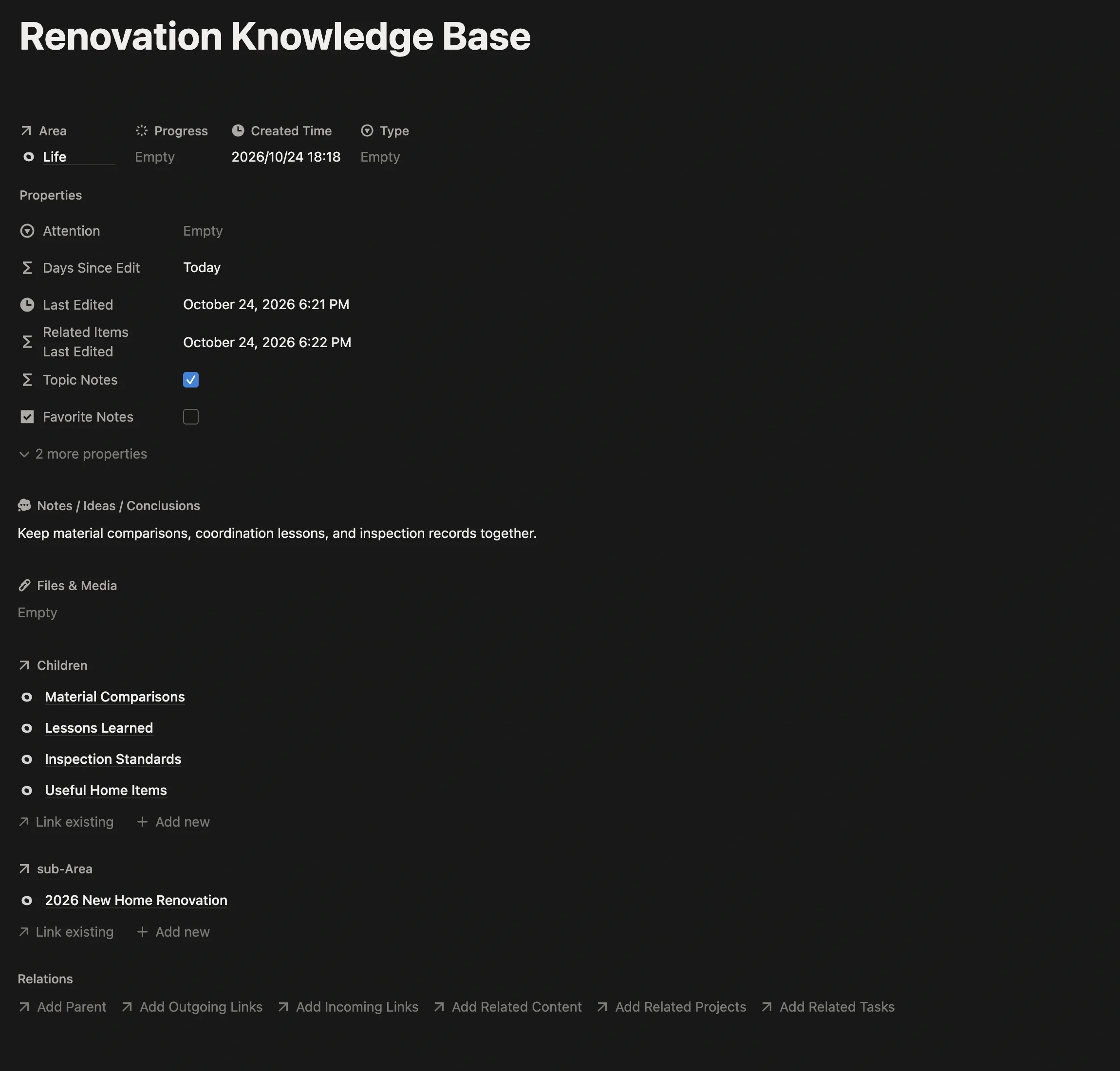 “Renovation Knowledge Base” main note marked as a Topic Note, with four sub-notes: material comparisons, lessons learned, inspection standards, and useful items