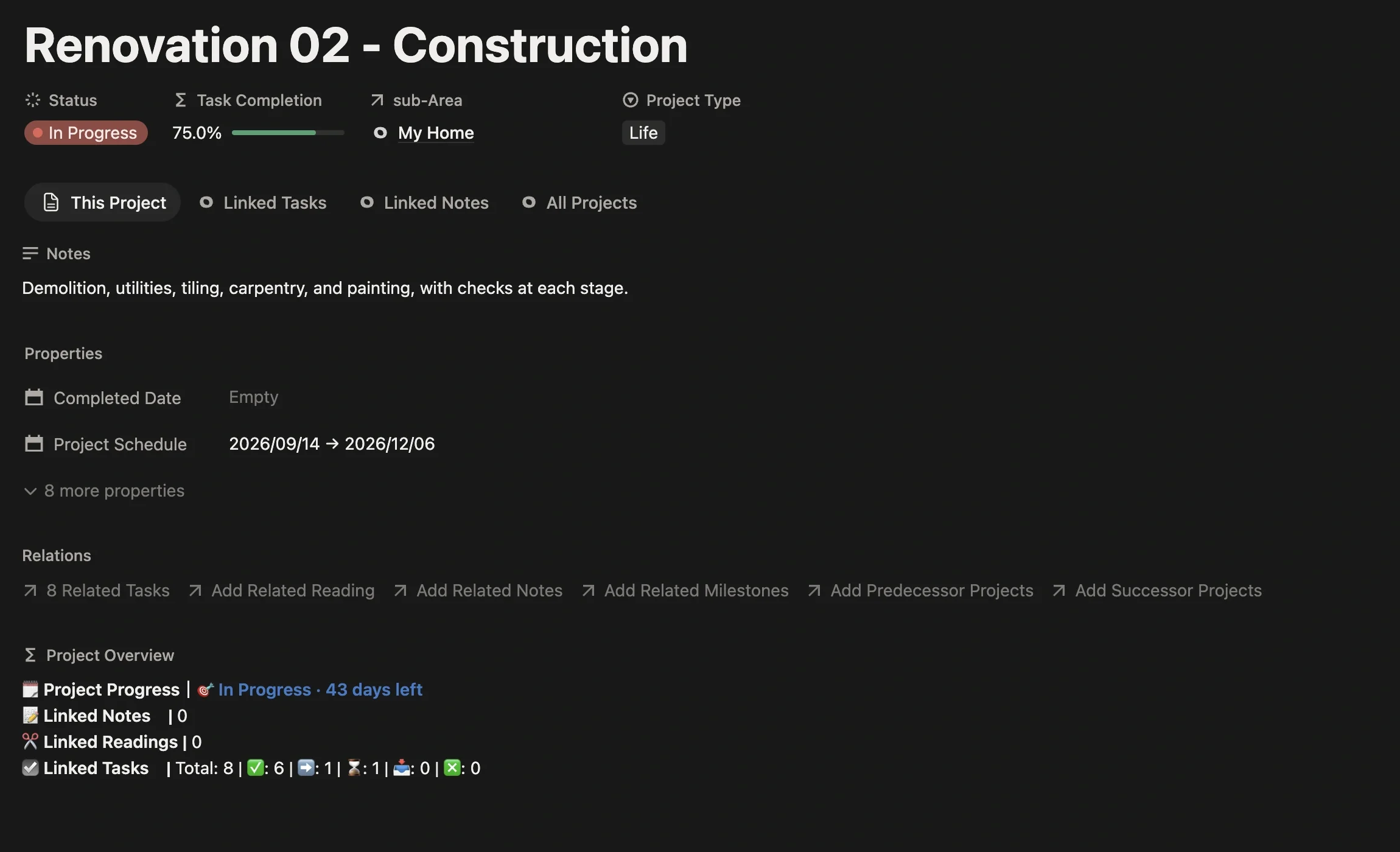 “Renovation 02 - Construction” project page with project type Life, linked to the 2026 New Home Renovation sub-Area, with a schedule set