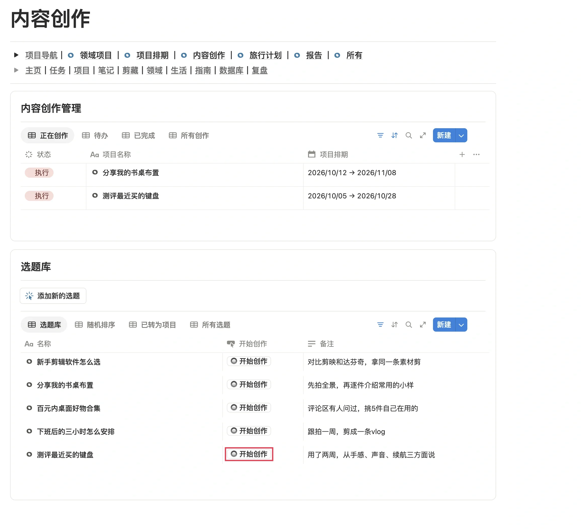在项目模块的内容创作分区，点击选题右侧的开始创作按钮