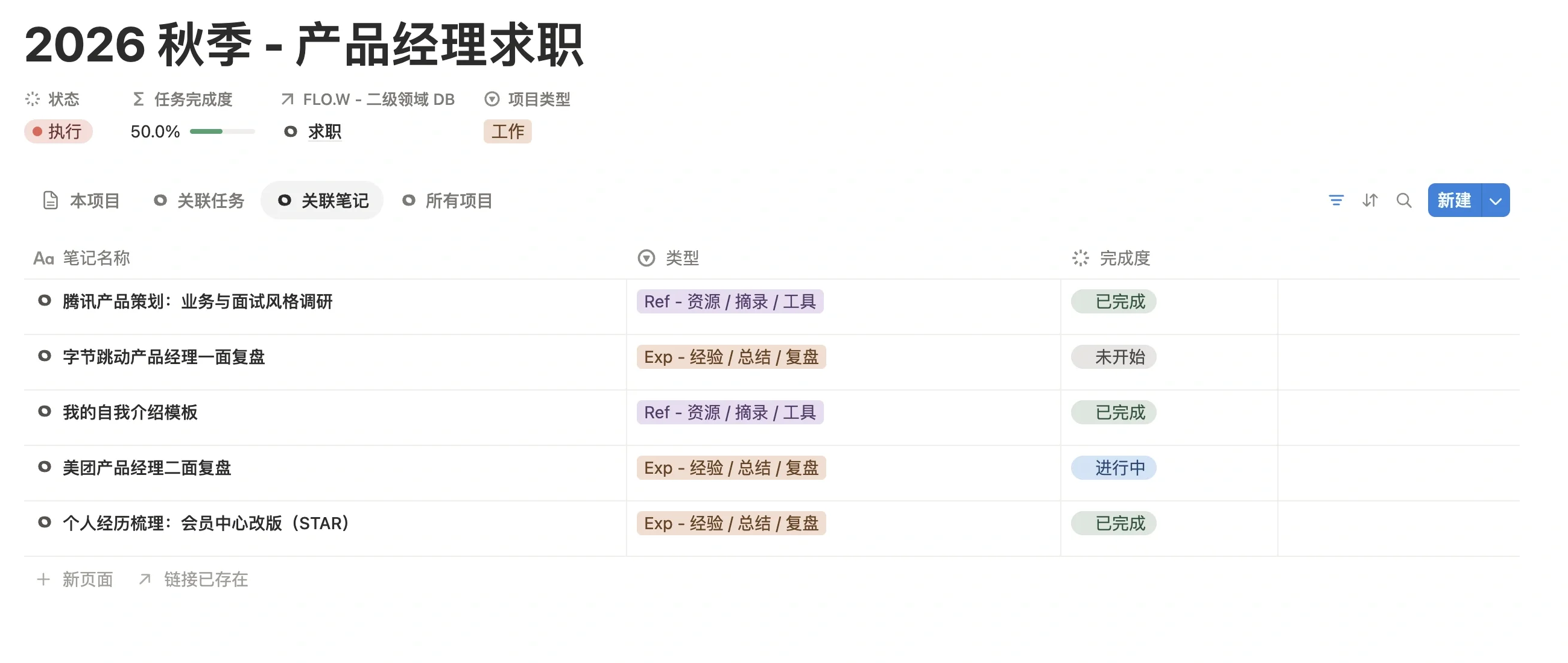 求职项目的关联笔记列表，包含自我介绍模板、面试复盘、公司调研和个人经历梳理
