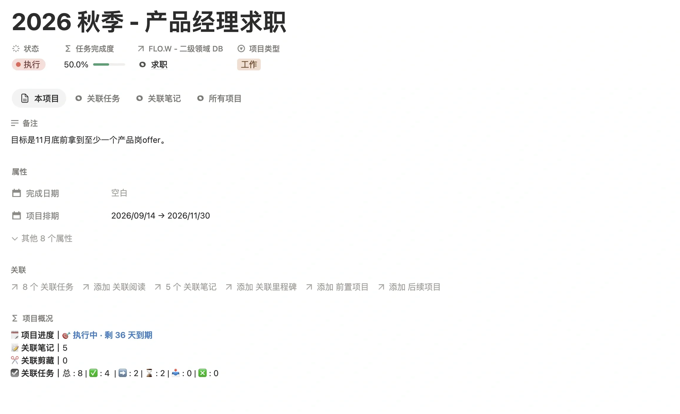 项目「2026 秋季 - 产品经理求职」页面，项目类型为工作，关联二级领域求职，项目排期 9 月 14 日到 11 月 30 日