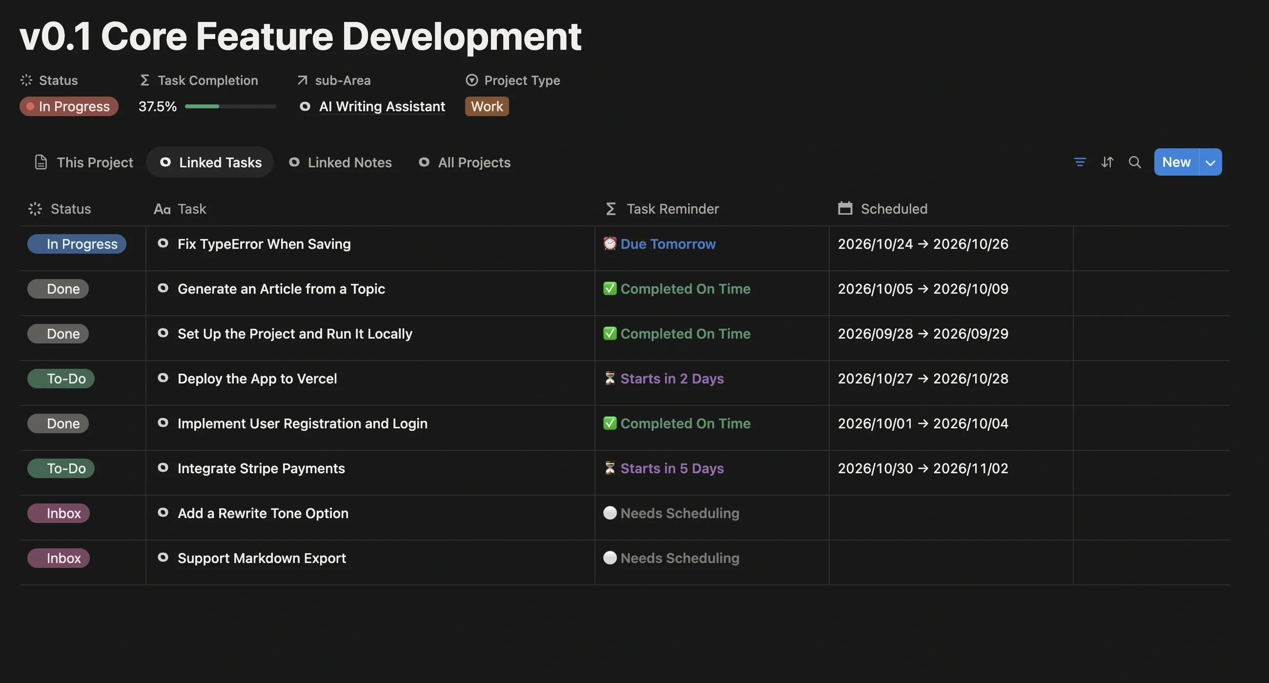 Linked task list of the “v0.1 Core Feature Development” project, with status, reminders, and schedules