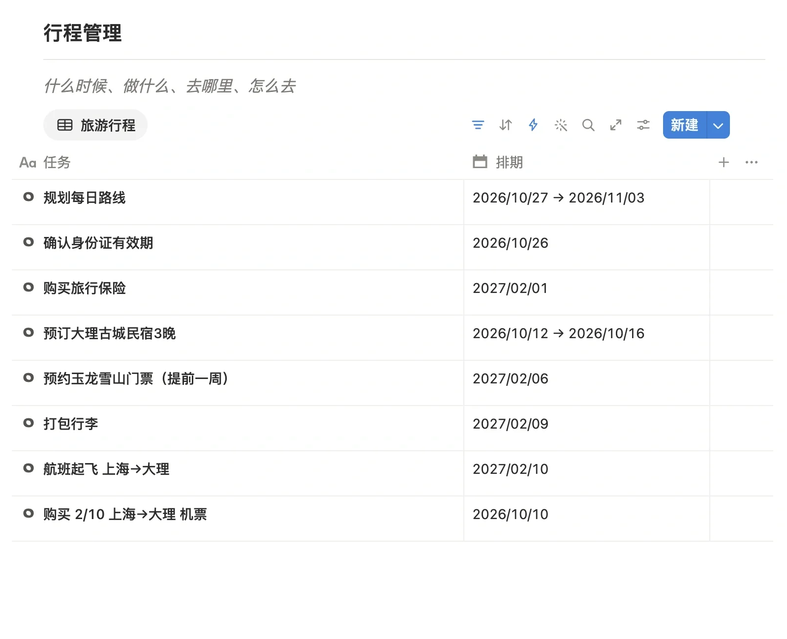 旅行项目的行程管理模块，列出订机票、订民宿、预约门票等待办和各自的排期