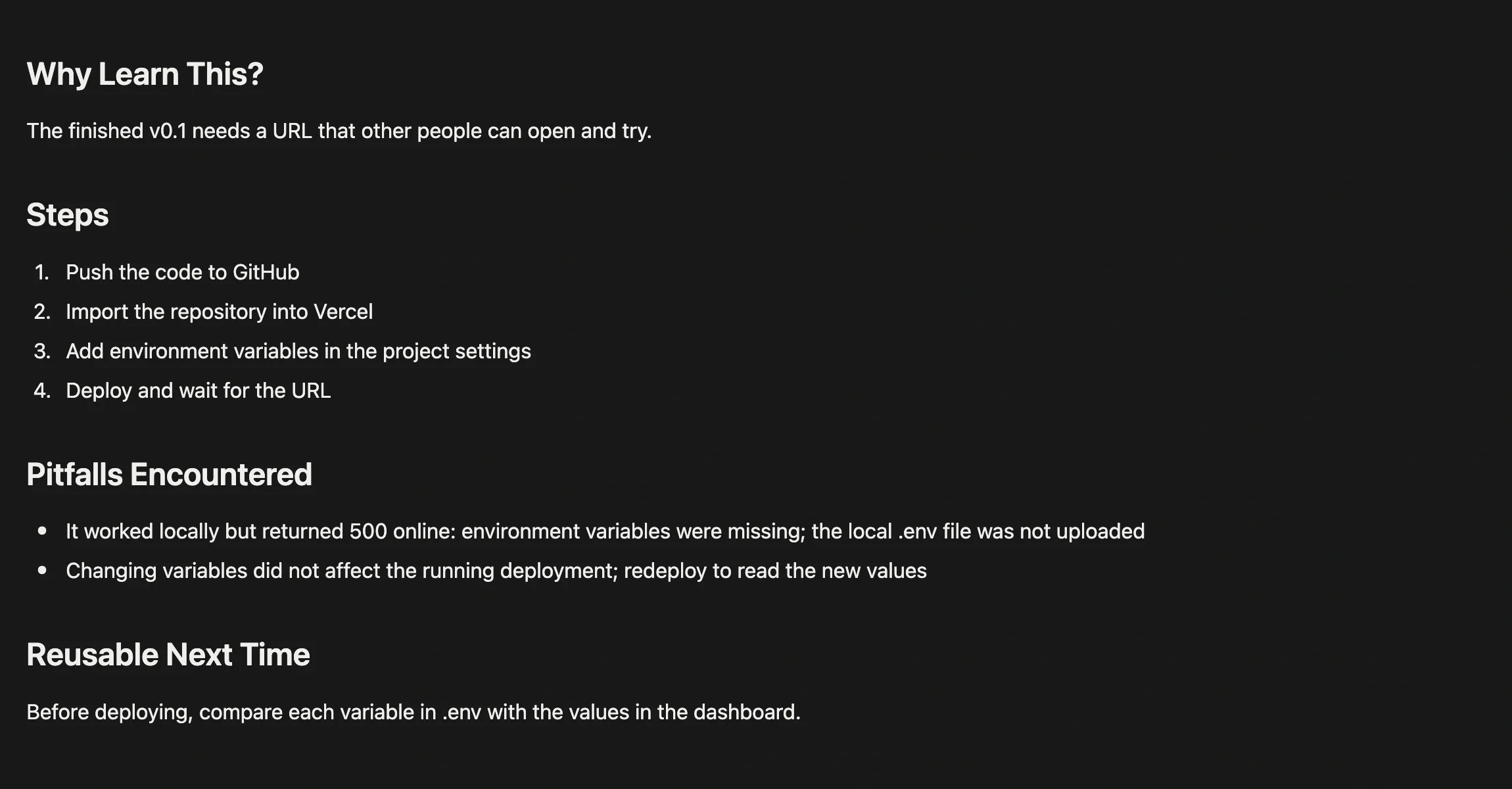 Technical learning note body recording why it was learned, the steps, and the pitfalls hit