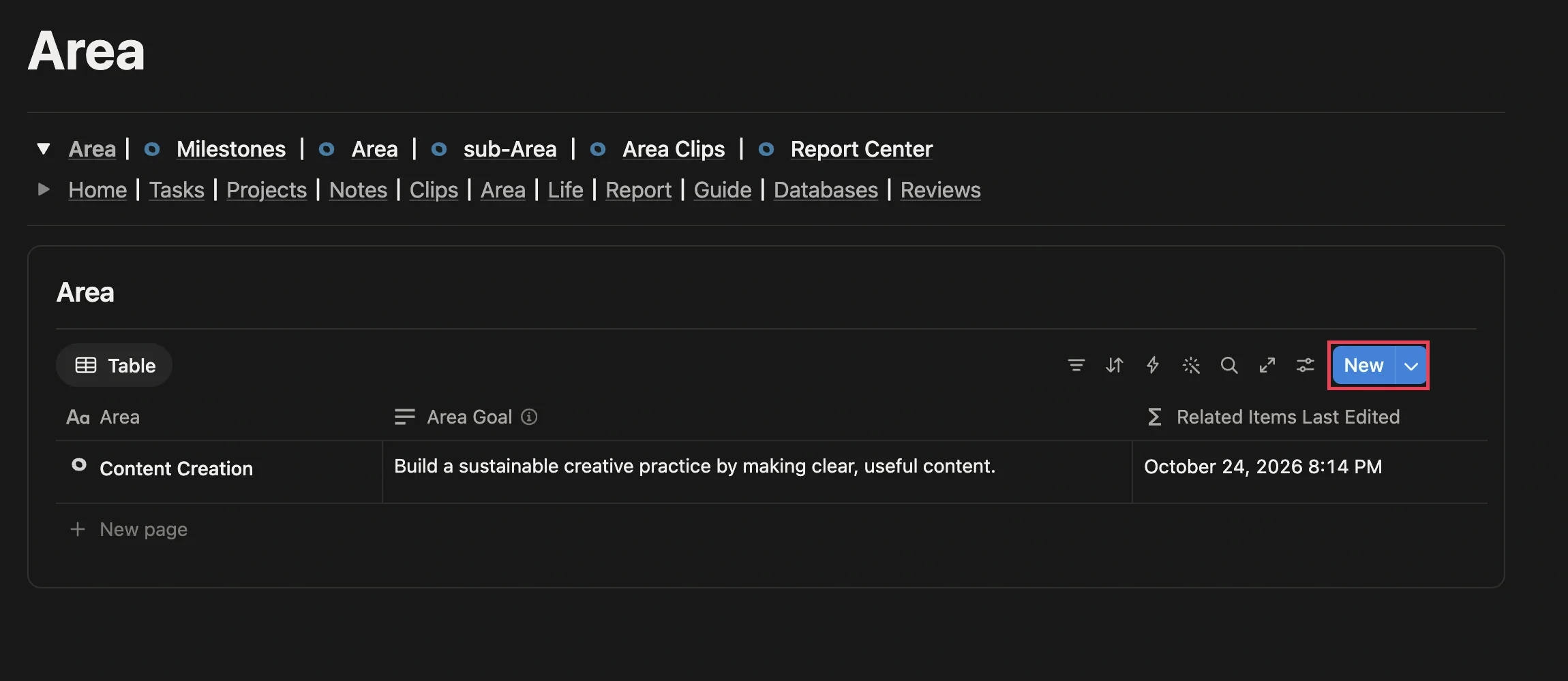 Clicking New in the Area section of the Areas module to create Content Creation