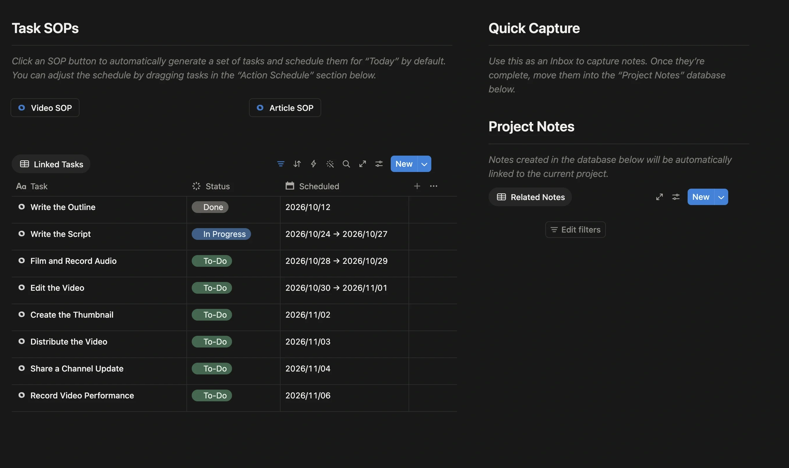 Task list auto-generated by the Video SOP, each task with status and schedule
