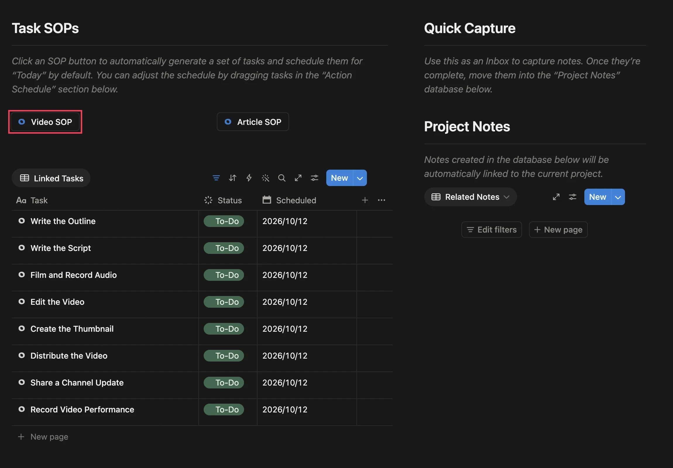 New project page with the eight production tasks generated by the Video SOP