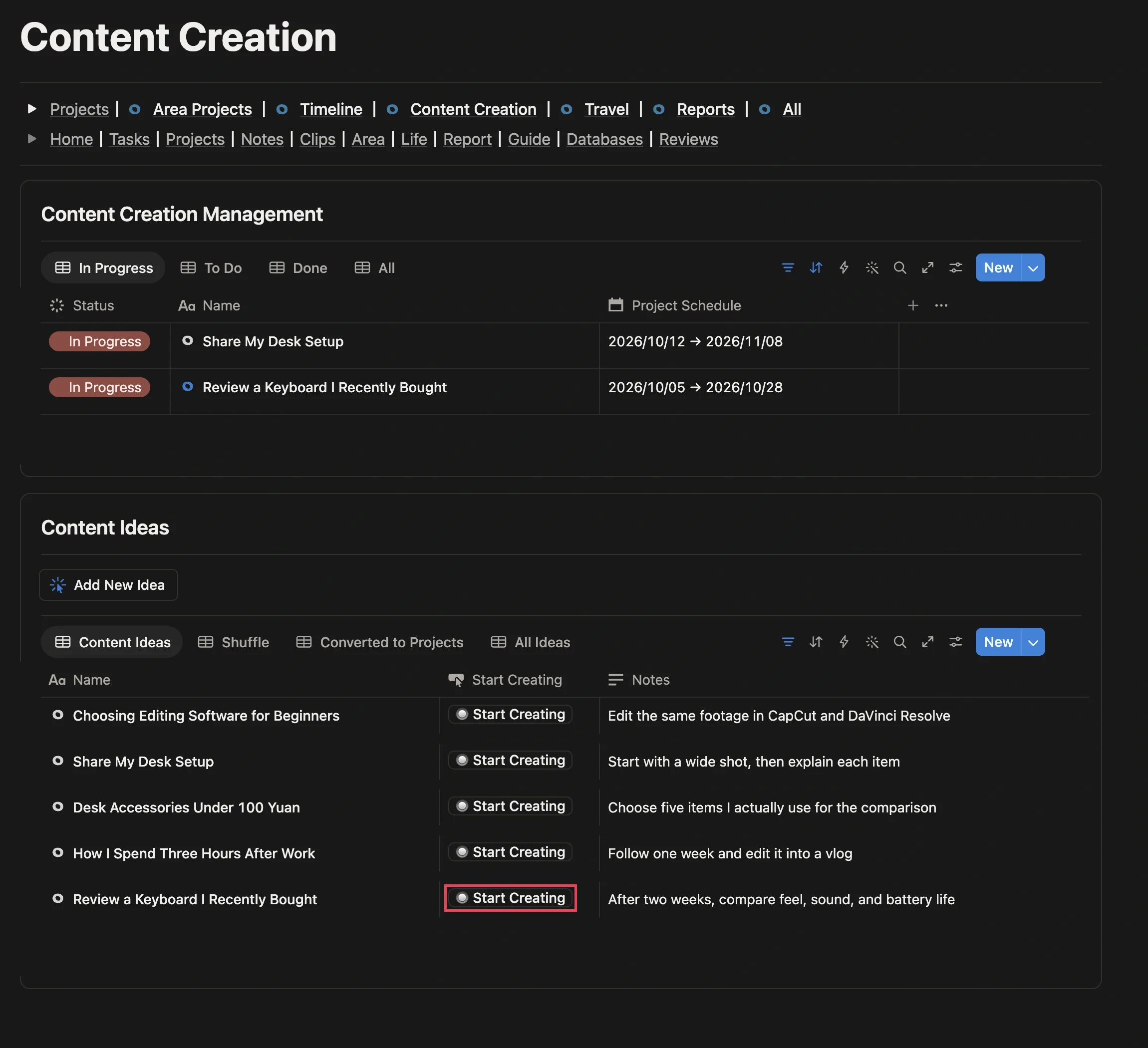 Content Creation section of the Project module, with the Start Creating button to the right of a topic