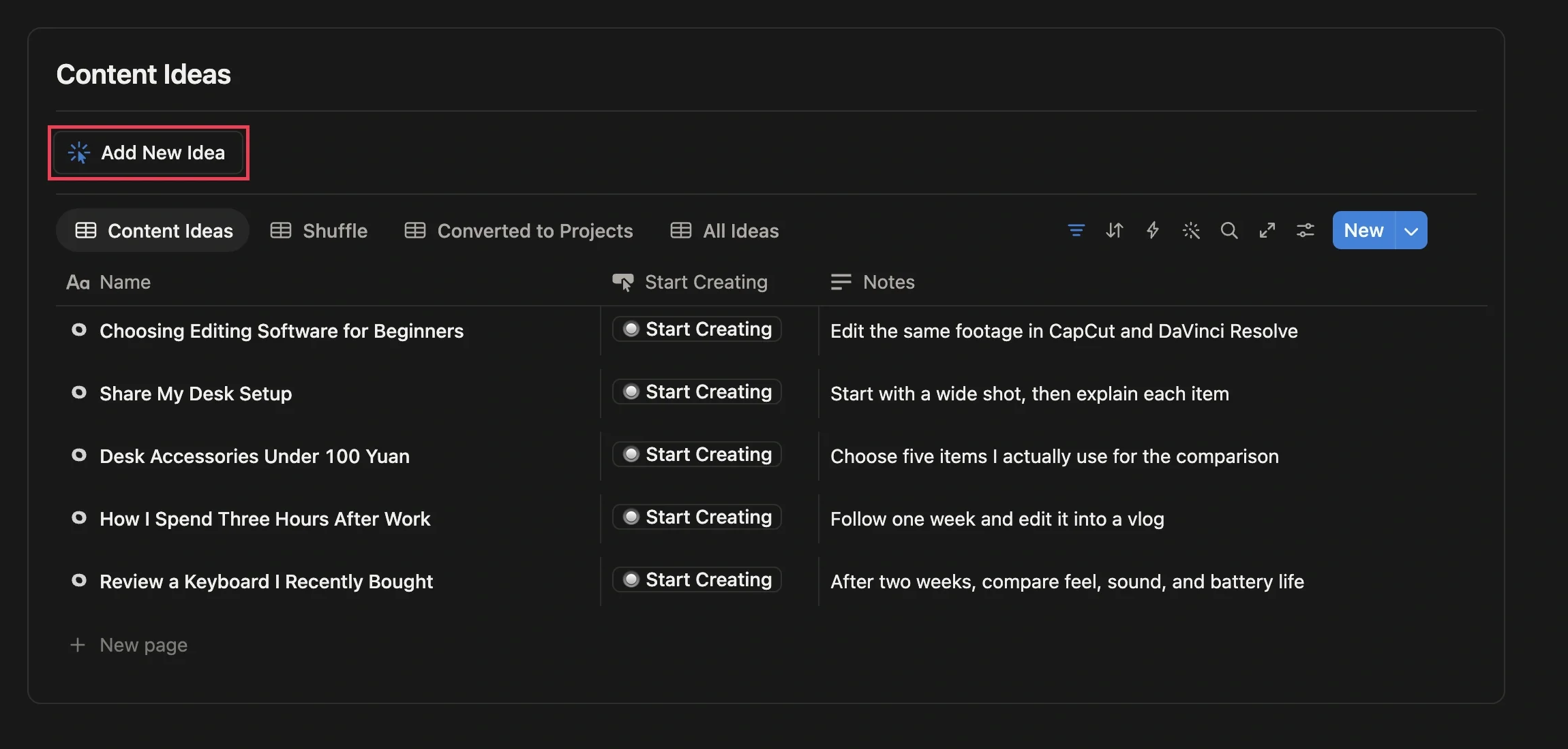 Topics collected in Content Ideas, with the Add New Idea button