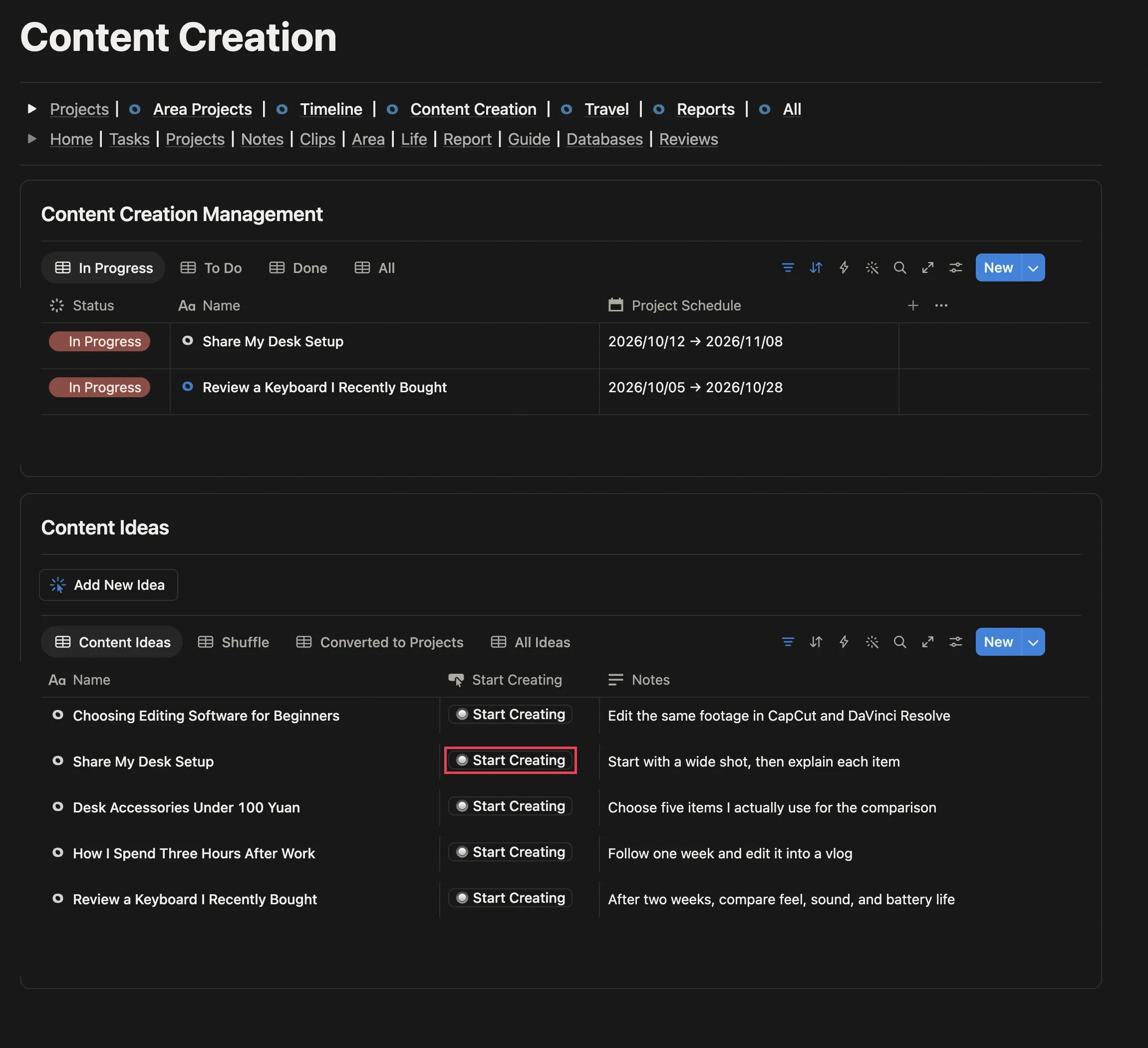 Topic list in the Content Creation section, with the Start Creating button to the right of a topic