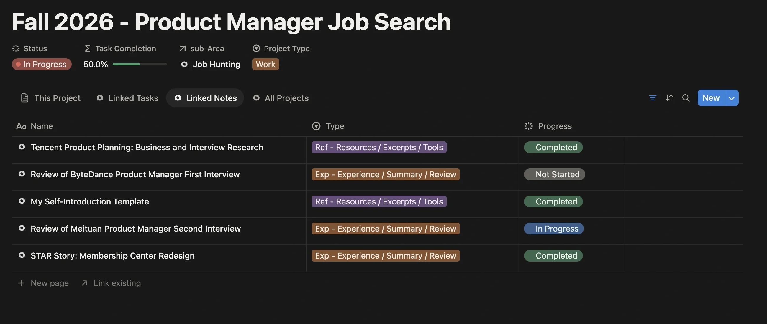Linked notes of the job search project, including a self-introduction template, interview reviews, company research, and STAR stories