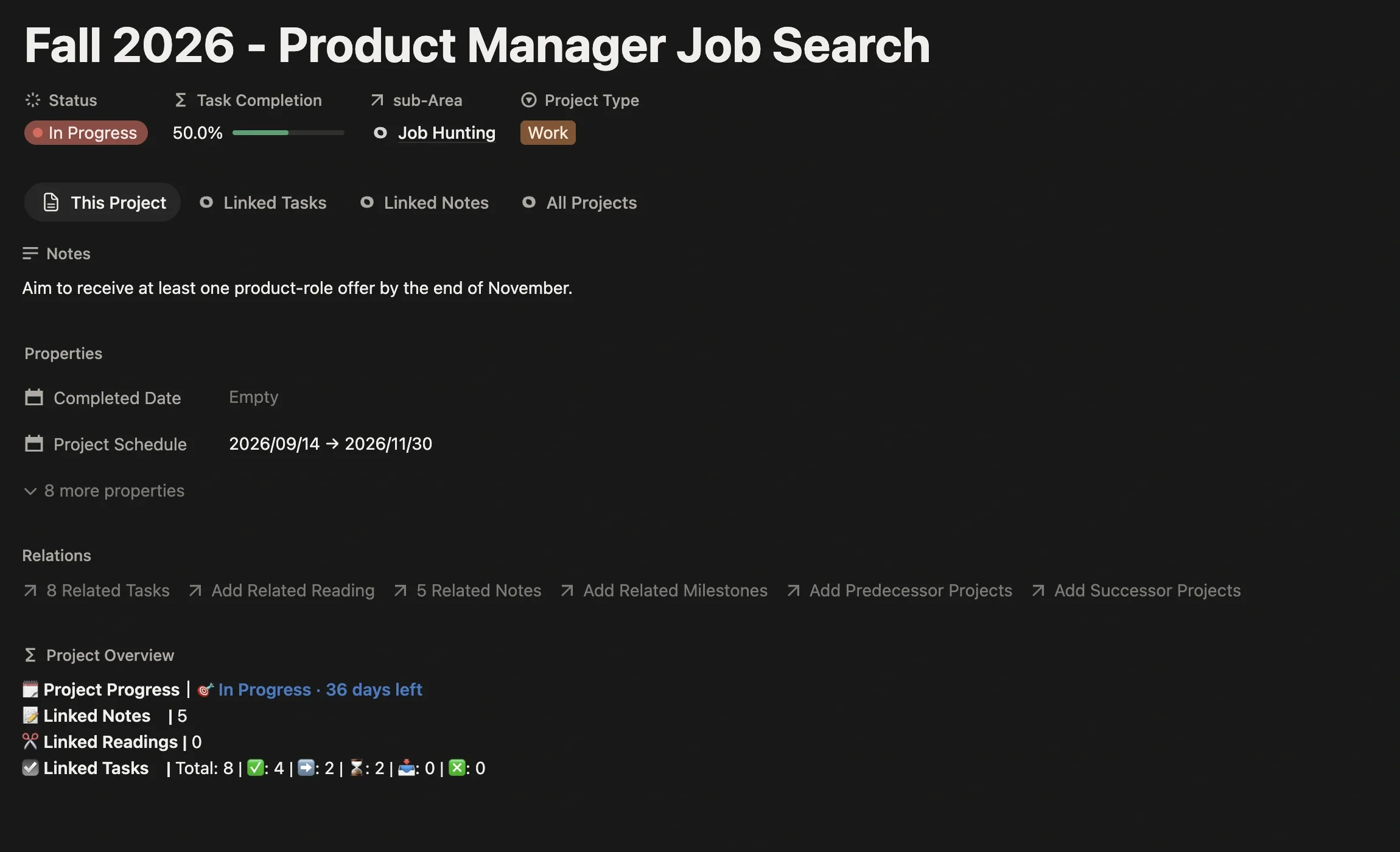 “Fall 2026 - Product Manager Job Search” project page with project type Work, linked to the Job Hunting sub-Area, with a schedule set