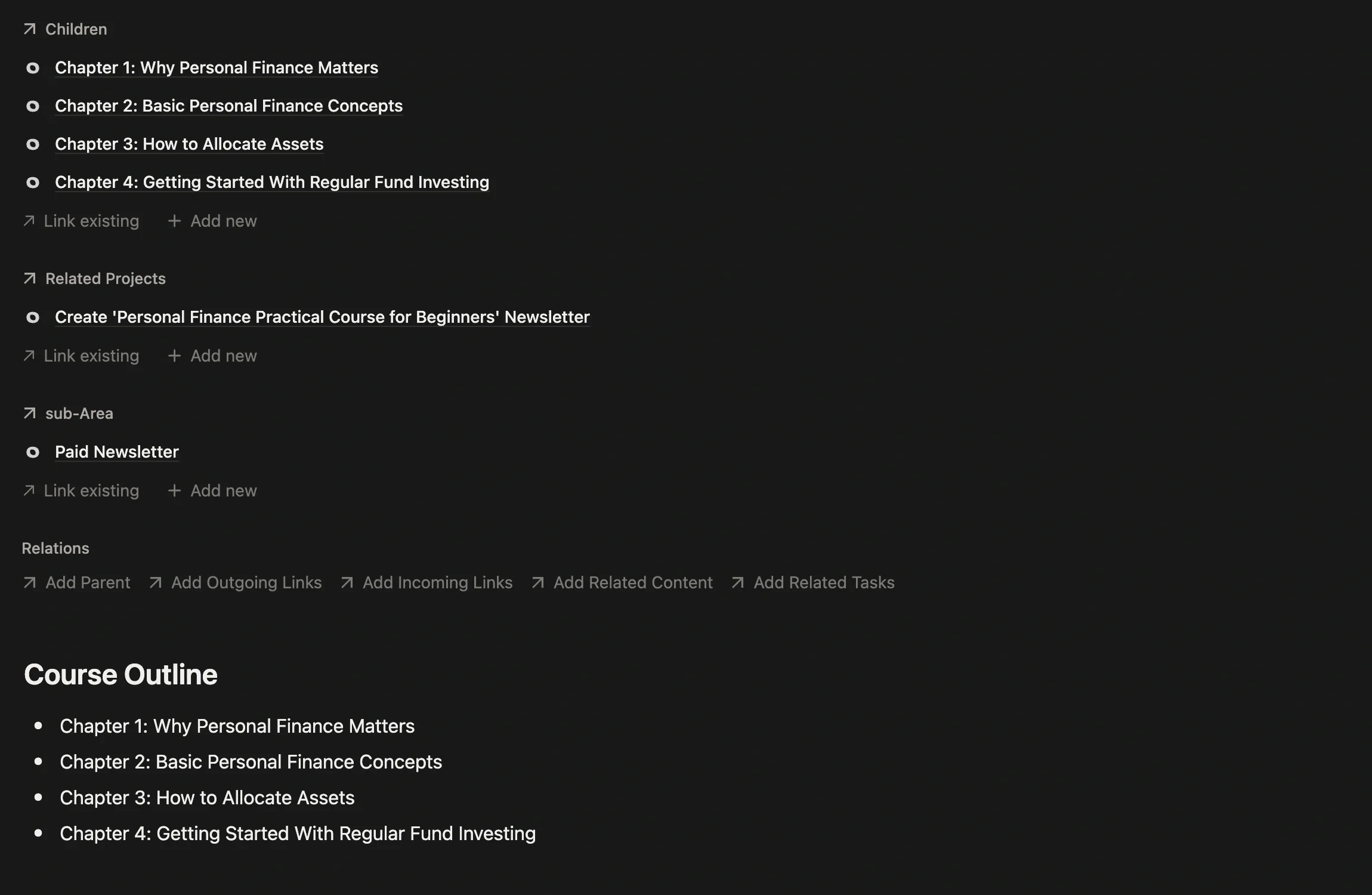 “Personal Finance Practical Course for Beginners” main note with four chapter sub-notes above and the outline in the body