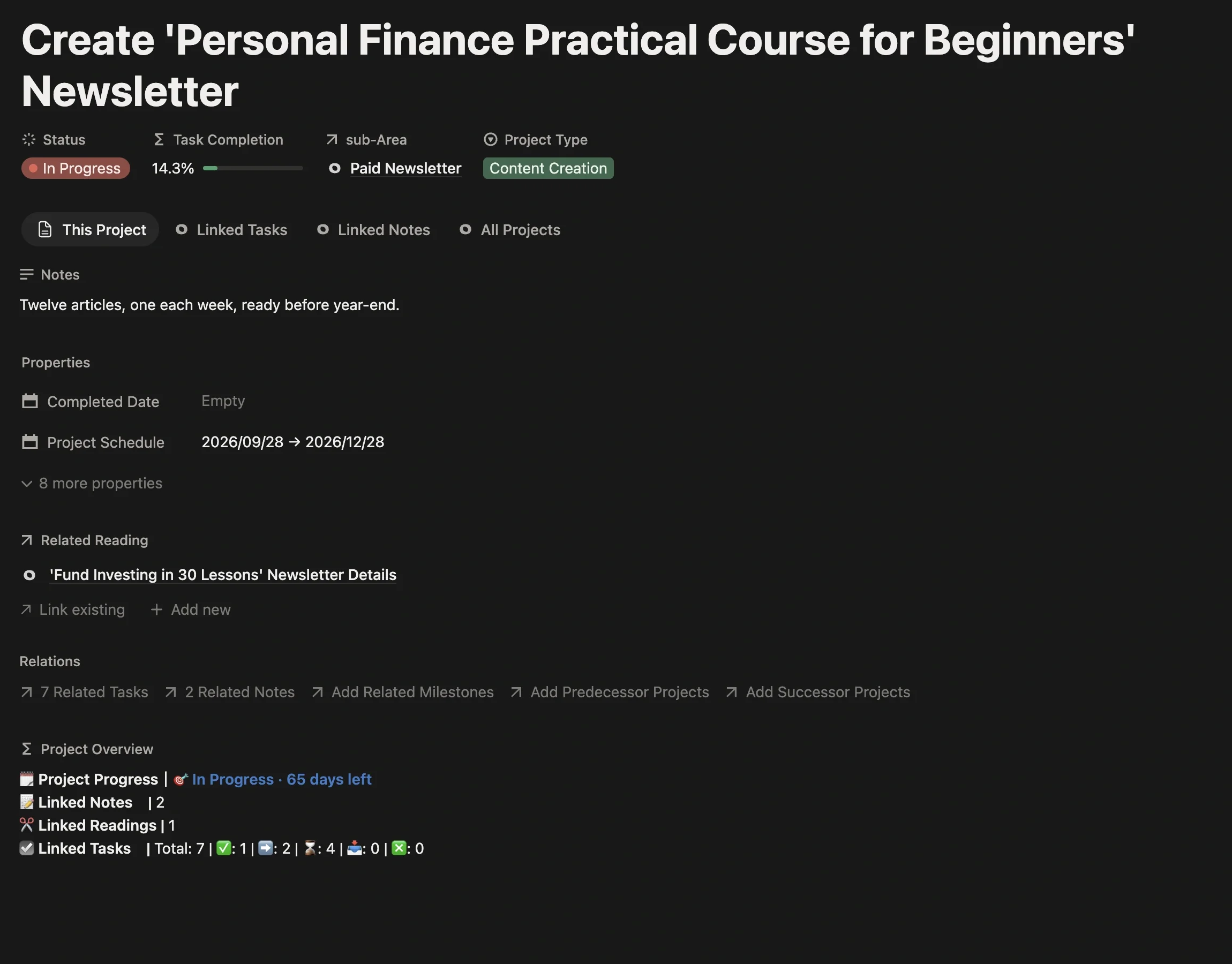 Newsletter project page with project type Creation, linked to the Paid Newsletter sub-Area, with a schedule set