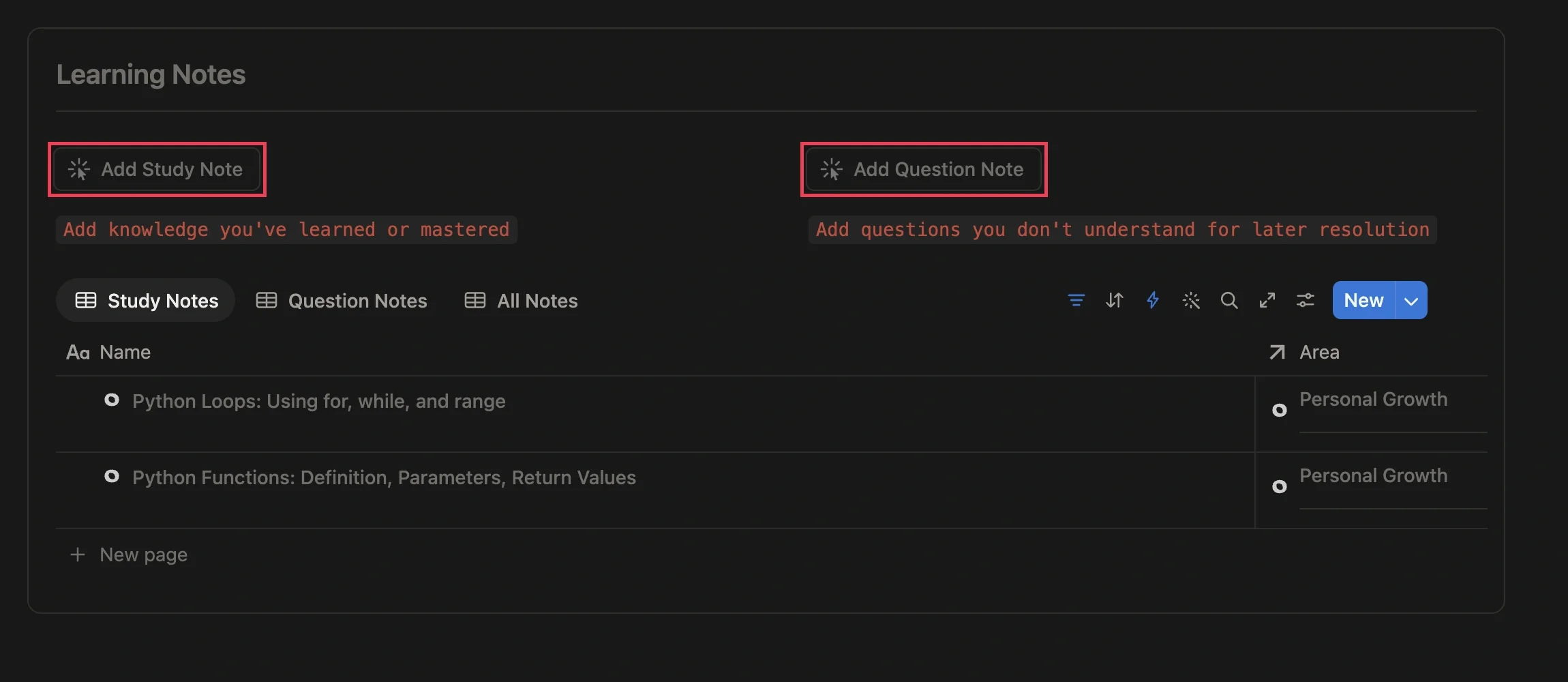 Study notes module at the bottom of the learning project page, with the add course note and add question note buttons highlighted in red and existing notes listed below