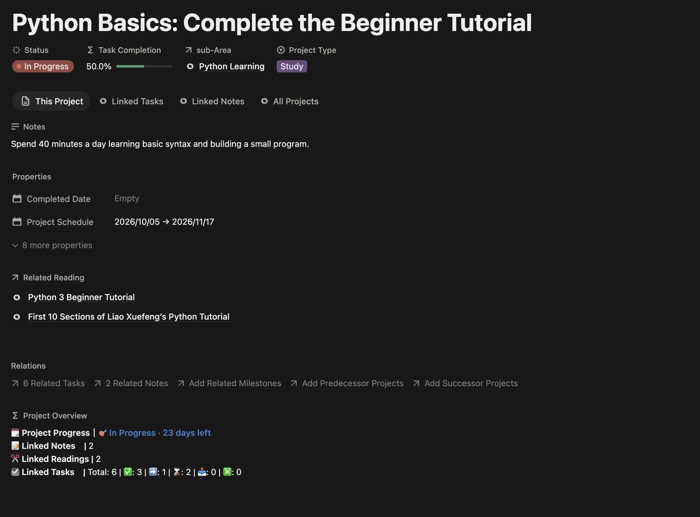 “Python Basics: Complete the Beginner Tutorial” project page with project type Learning, linked to the Python Learning sub-Area, with a schedule set