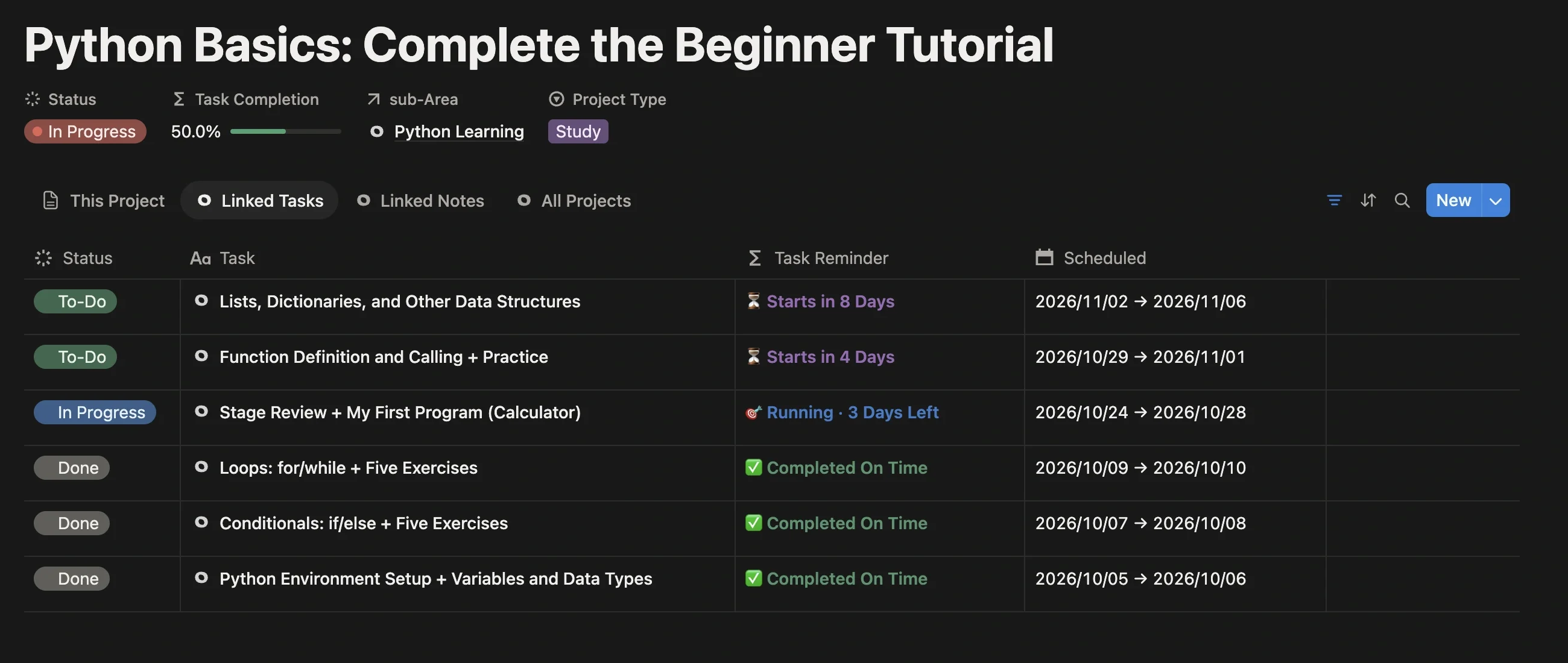 Linked task list of the learning project, six study tasks with status, reminders, and schedules