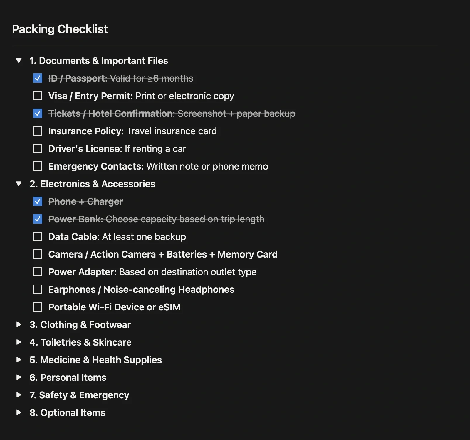 Packing list collapsed by category, with documents and electronics expanded and checked off item by item