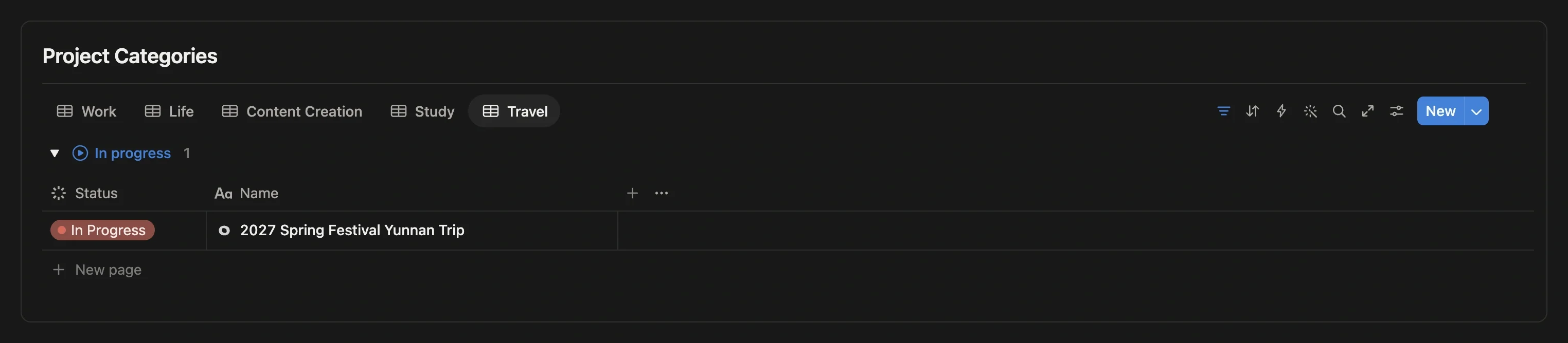 Project category section in the Project center, with tabs by project type such as Work, Life, and Creation