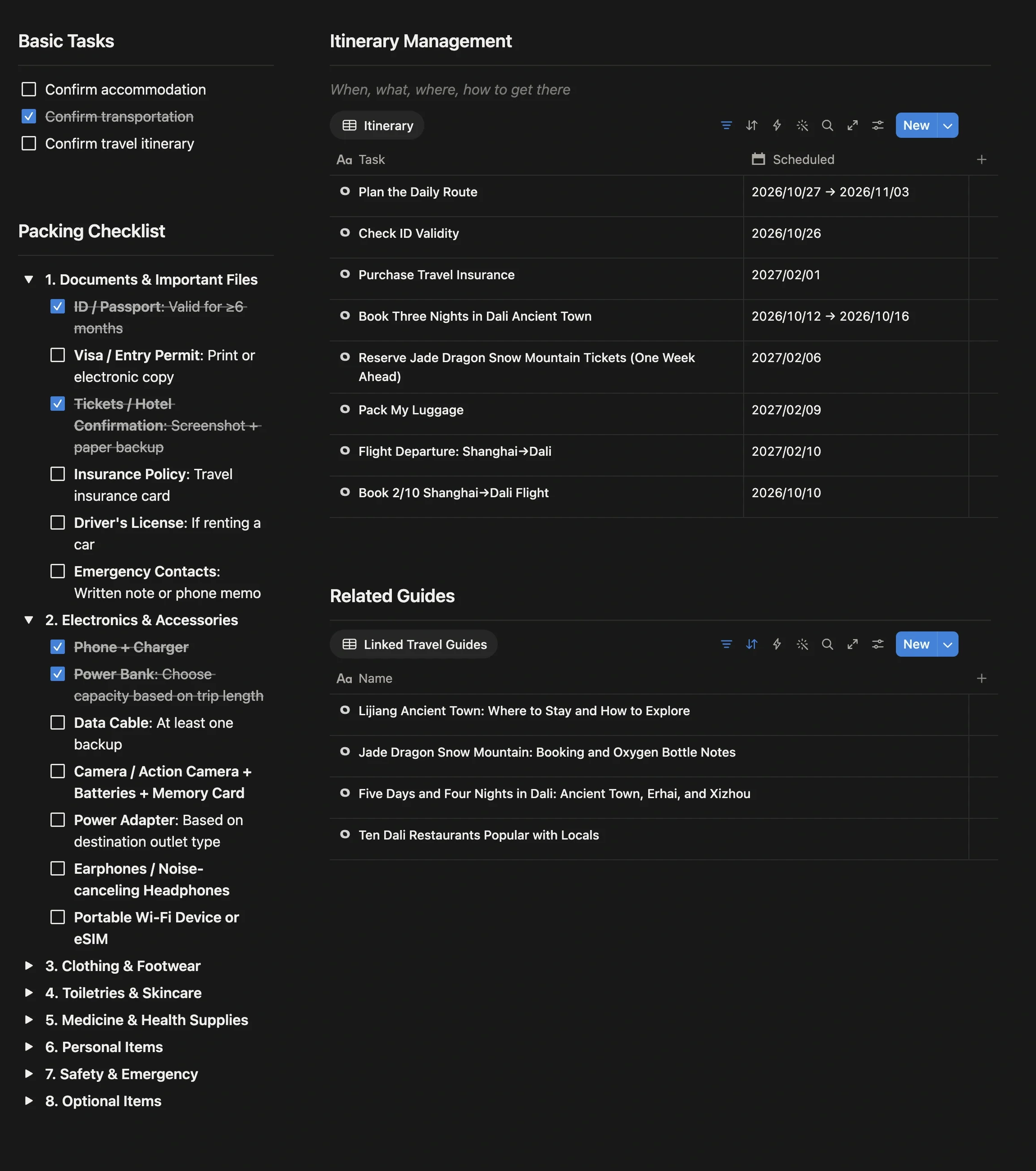 Preset modules on a travel project page: basic tasks and packing list on the left, itinerary management and linked guides on the right
