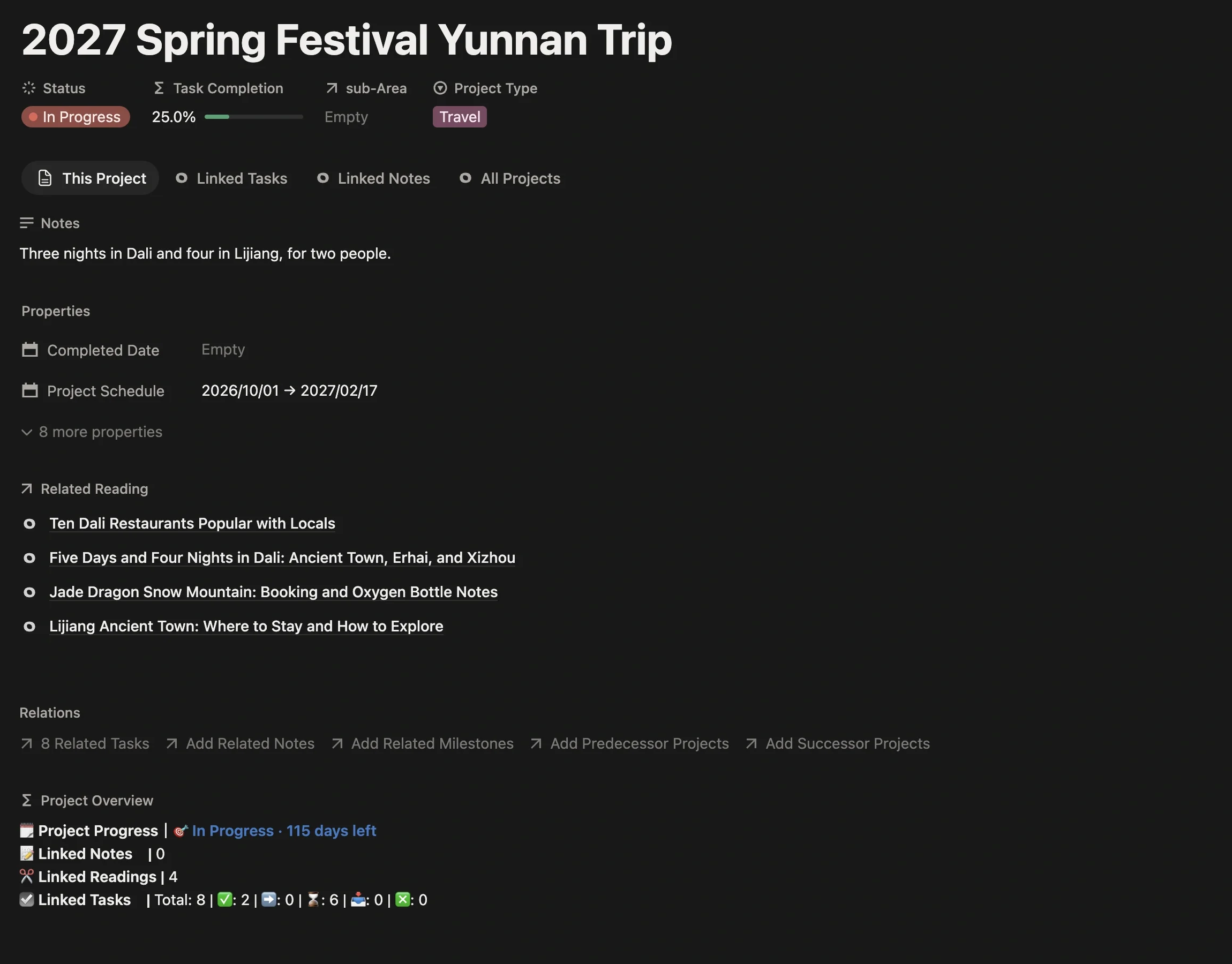 New travel project page with project type Travel, departure and return dates set, and guides linked