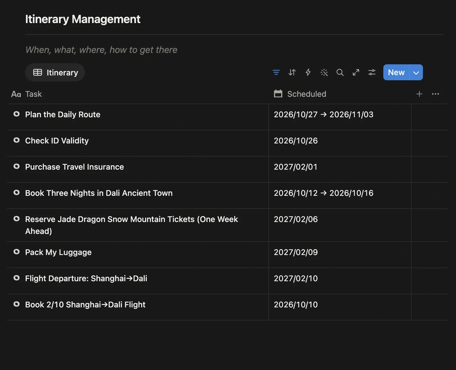 Itinerary management module of the travel project, listing to-dos such as booking flights, lodging, and tickets with their schedules