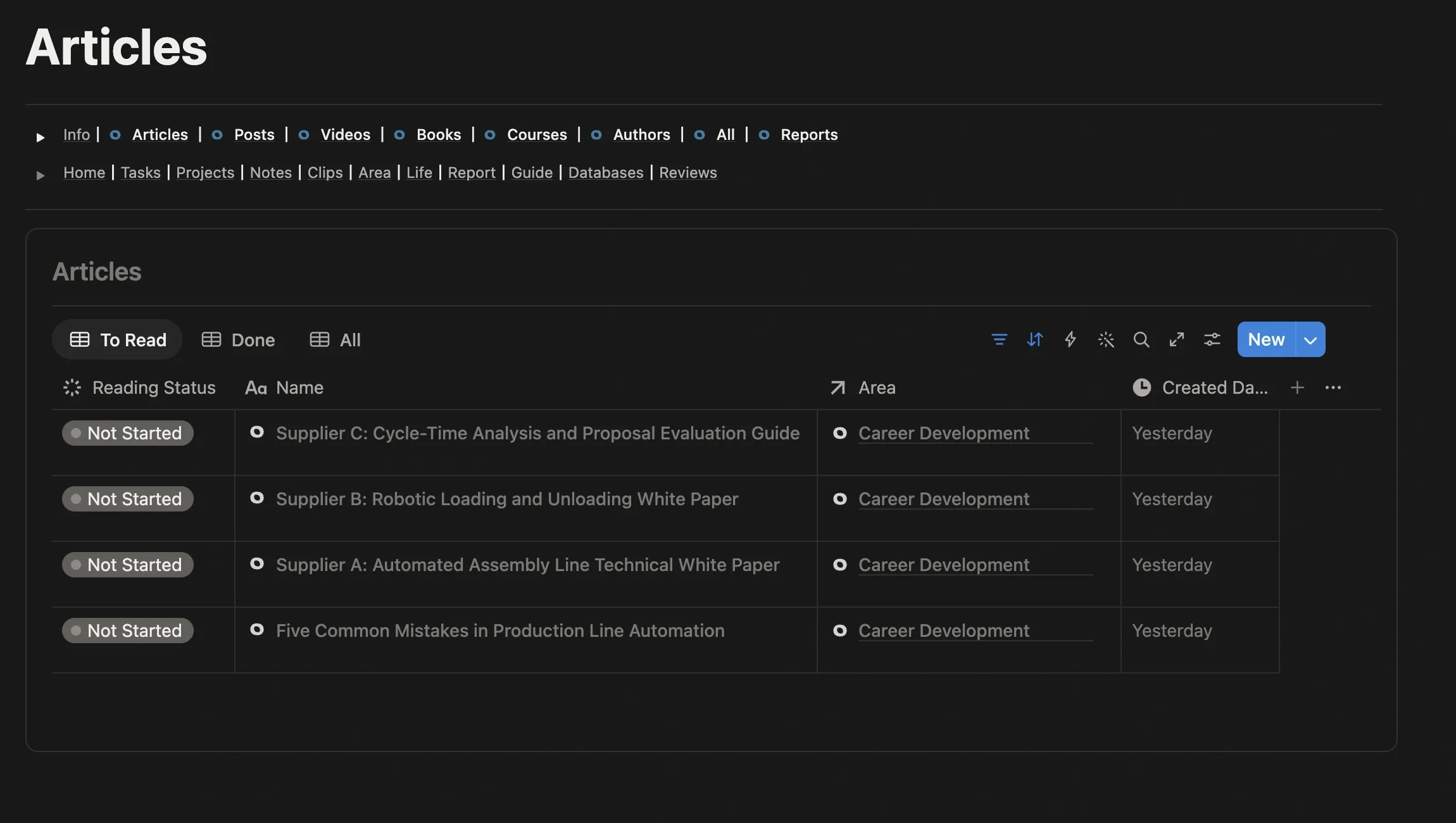 Articles page in Web Clipper, with clipped automation articles and a supplier technical white paper in the unread list
