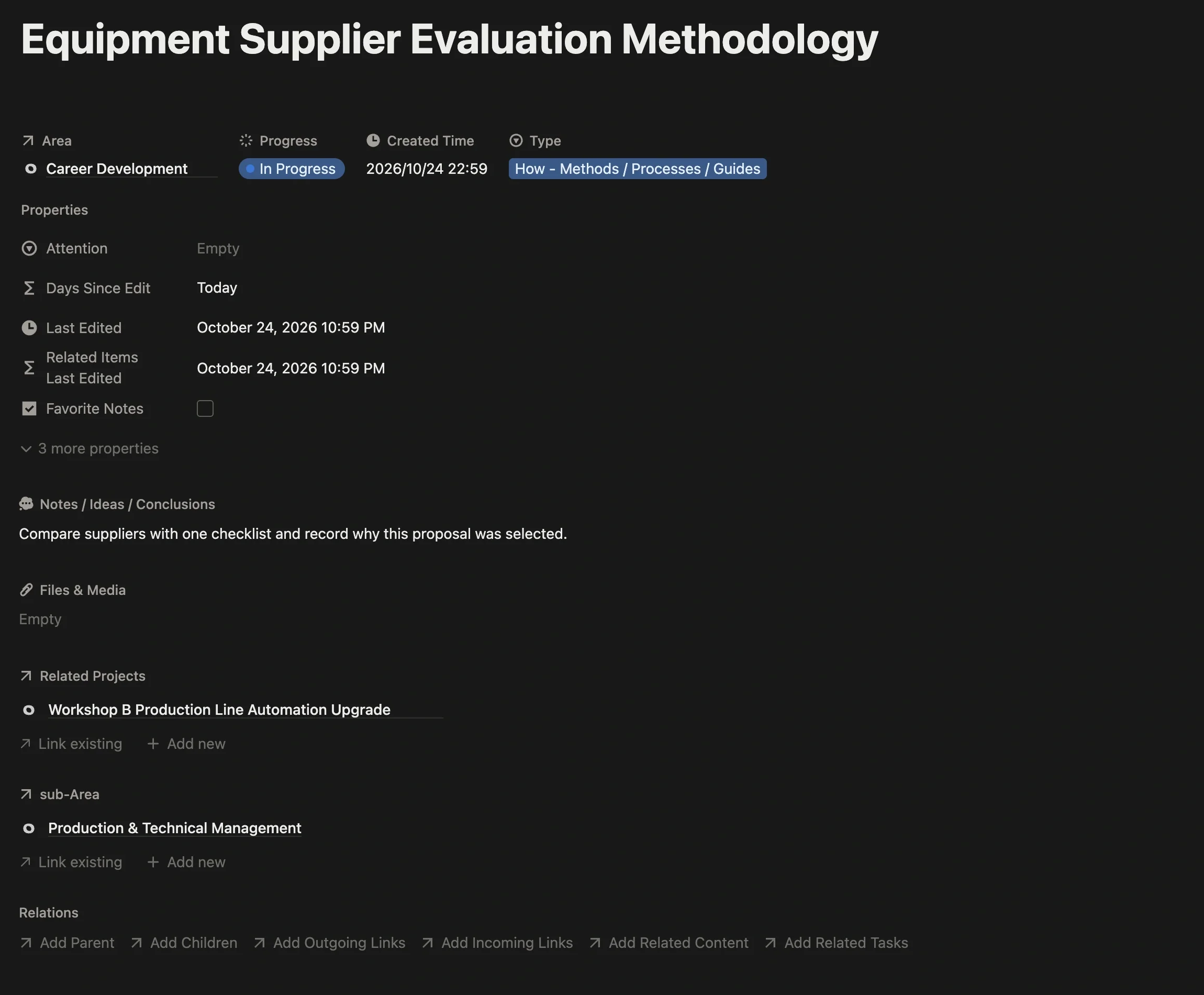 “Equipment Supplier Evaluation Methodology” note under the Career Development Area, linked to both the automation upgrade project and the Production & Technical Management sub-Area