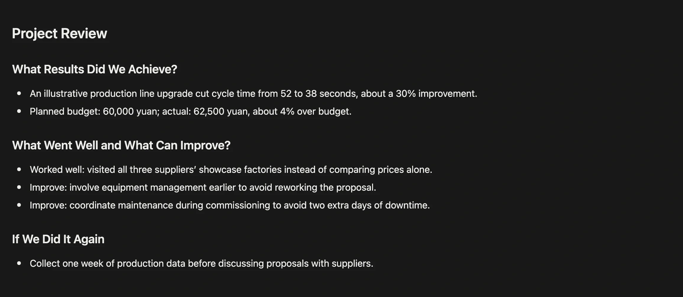 Project retrospective in the project page body, covering what was achieved, what went well and what to improve, and what to do differently next time