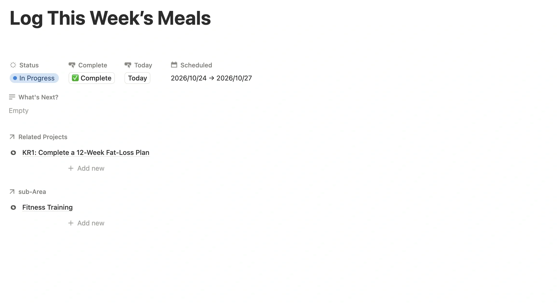 Task page for “Record this week's food diary”, linked to the KR1 project and the Fitness Training sub-Area