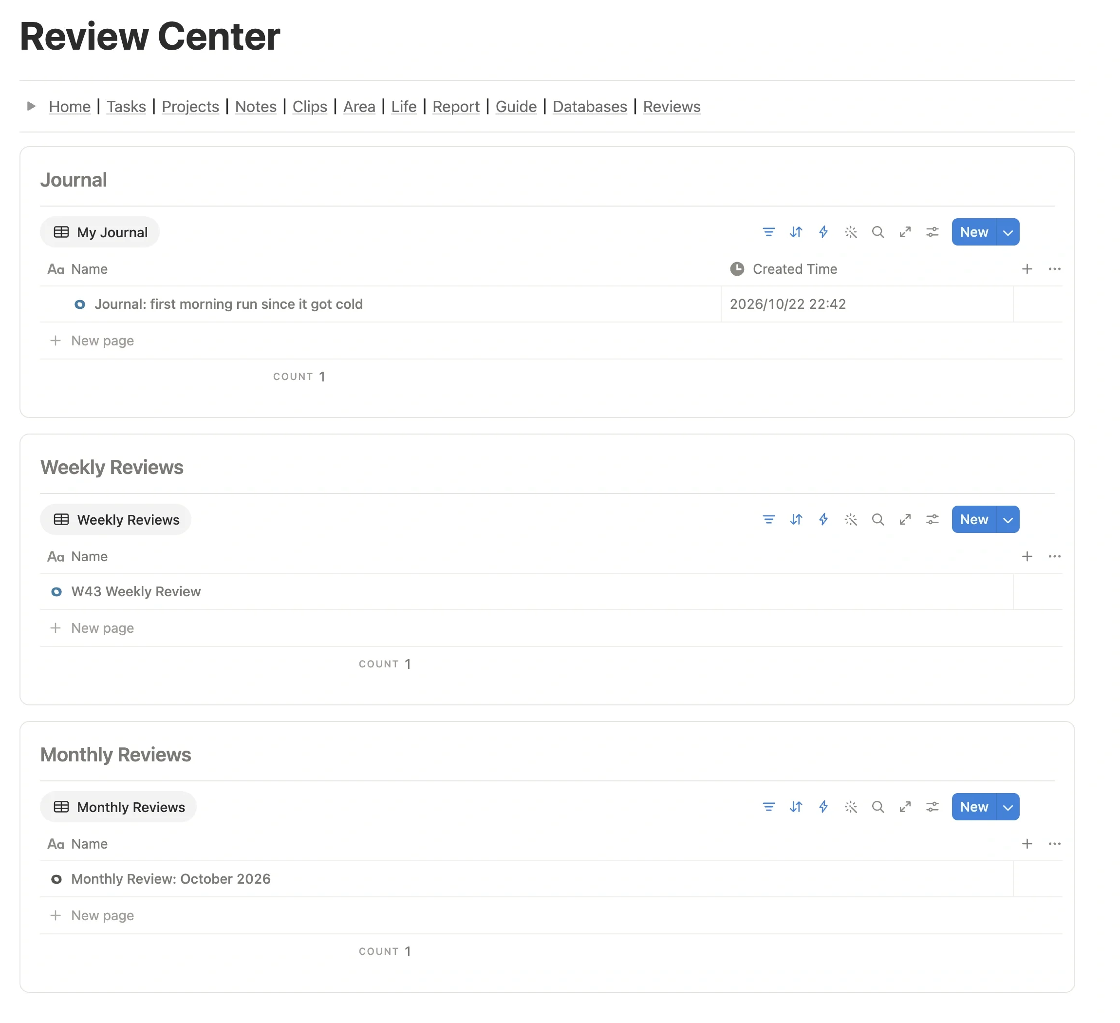 Review Center page with Journal, Weekly Reviews, and Monthly Reviews modules