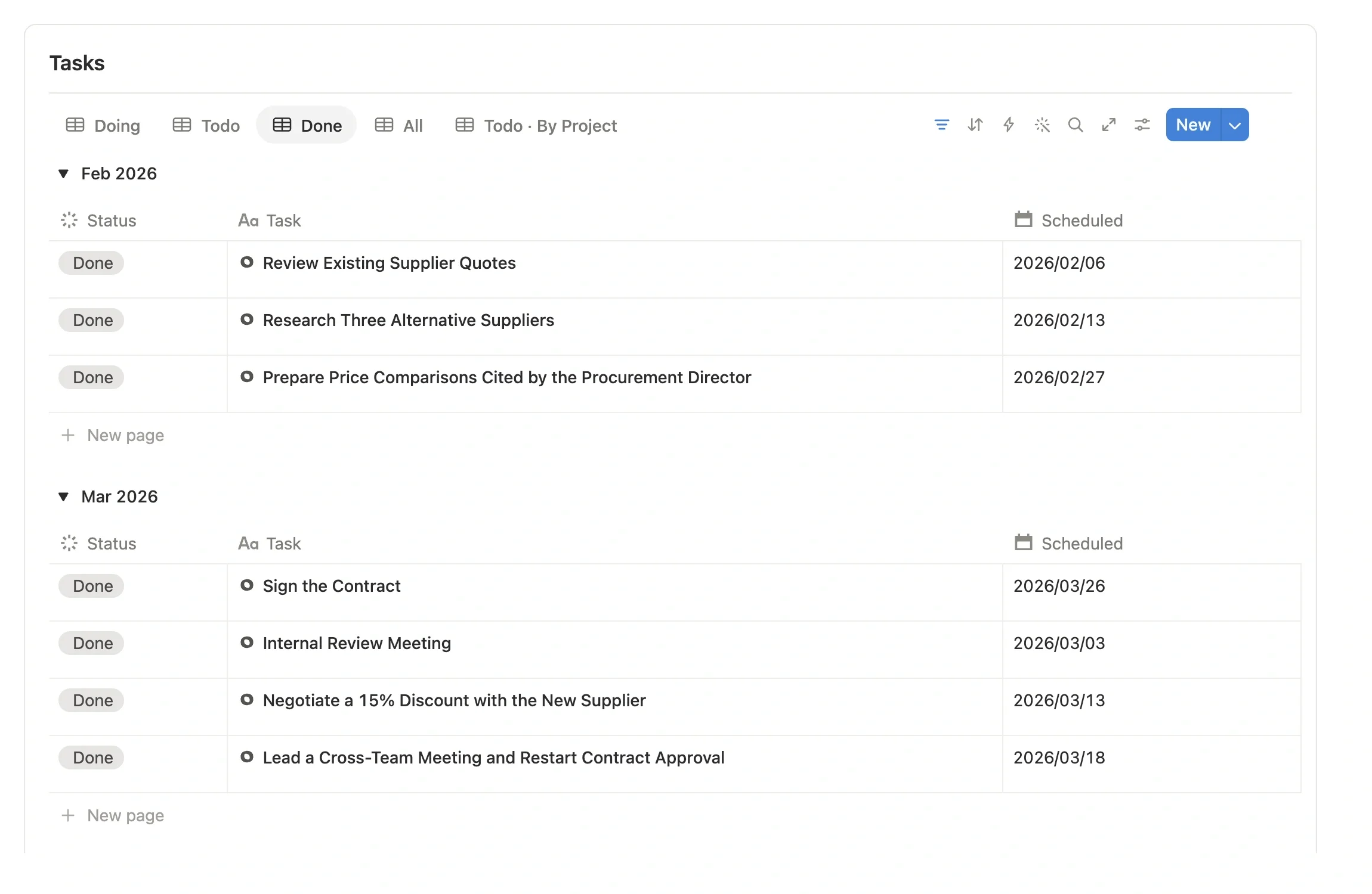 Task center switched to the Done view, with completed tasks grouped by month