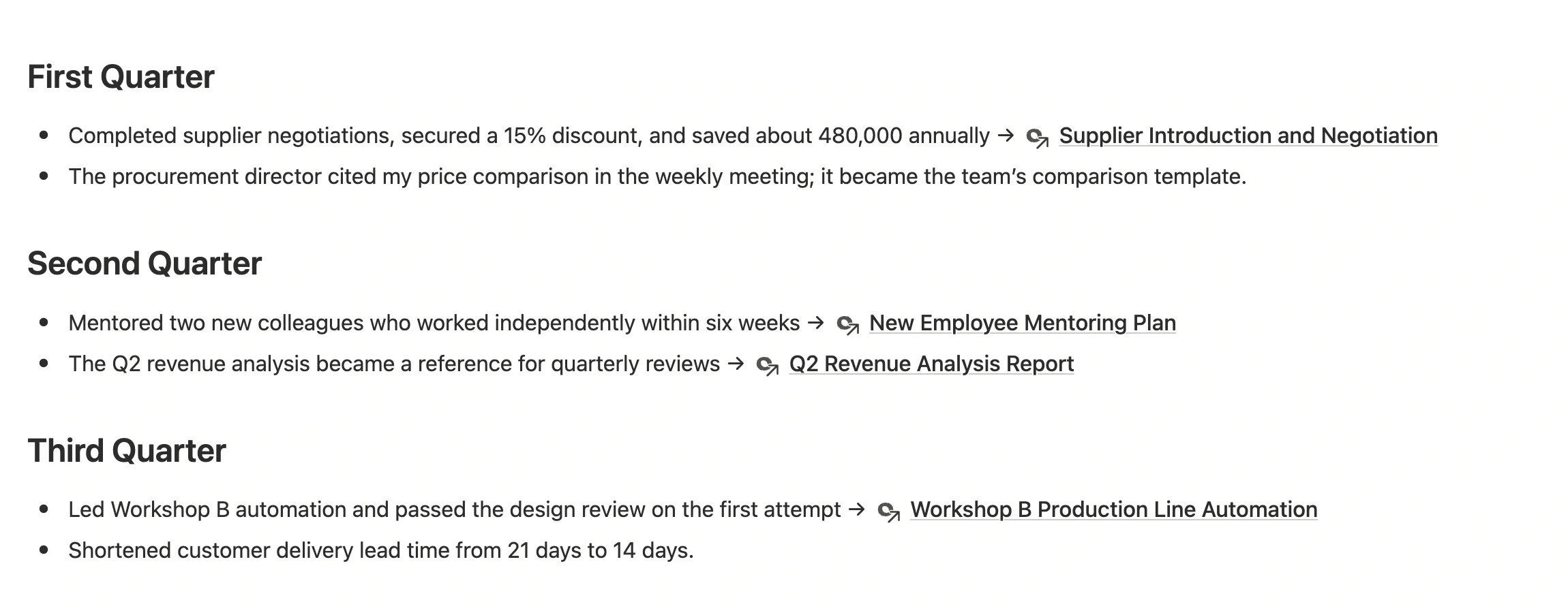 “2026 Work Highlights” note recording highlights by quarter, each entry @-mentioning its project