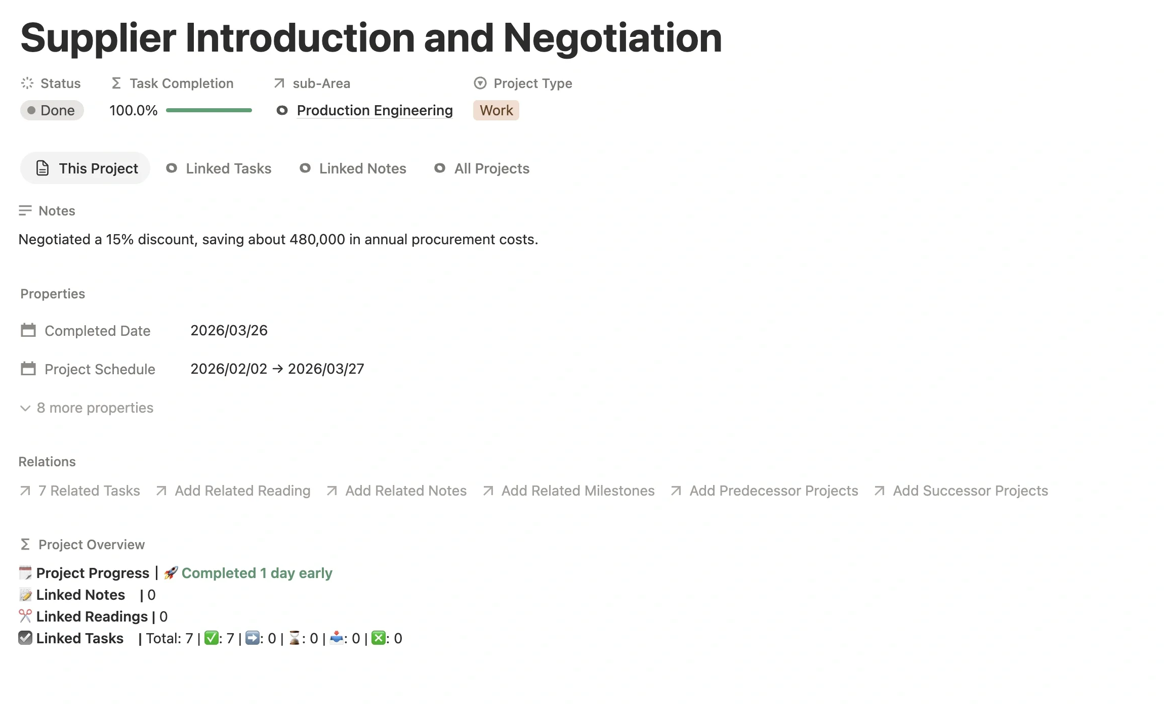 Work project page showing status, linked Area, schedule, and project overview