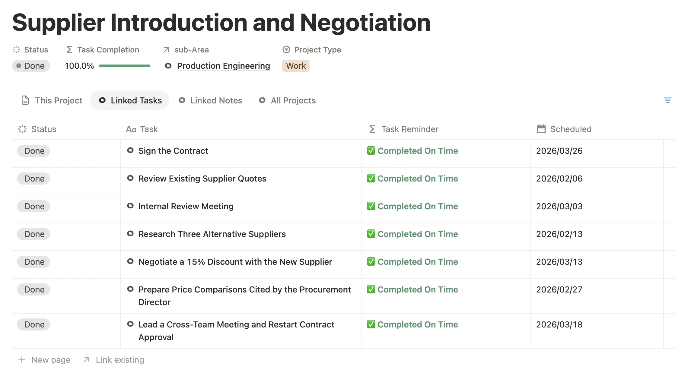 Linked task list of a project, comparing task names that include results with generic task names