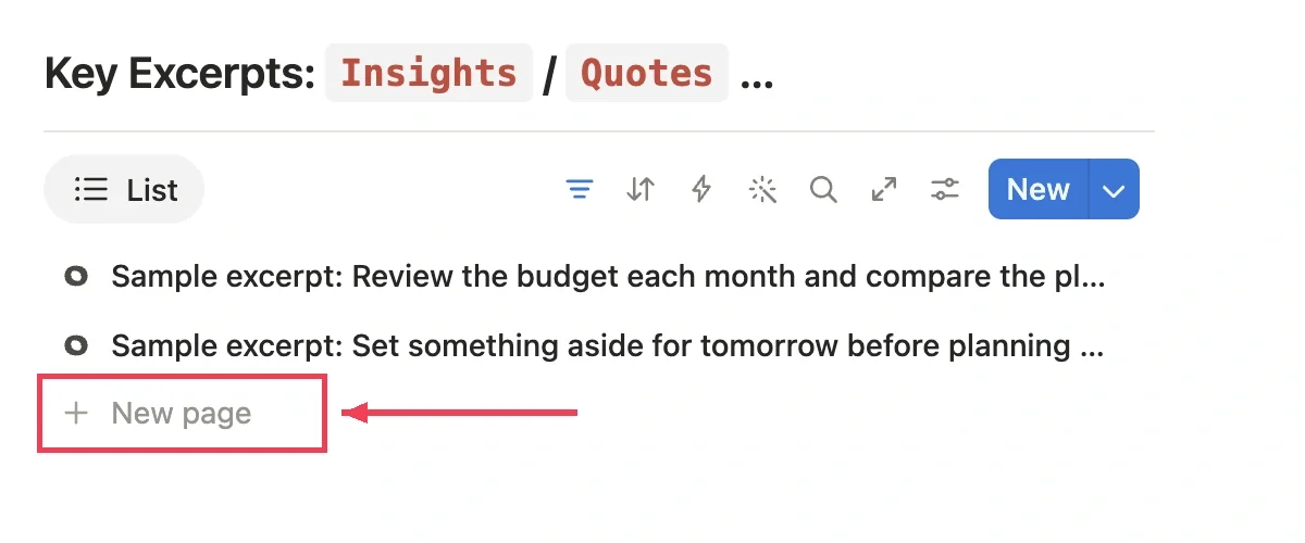 Create an excerpt on a book page