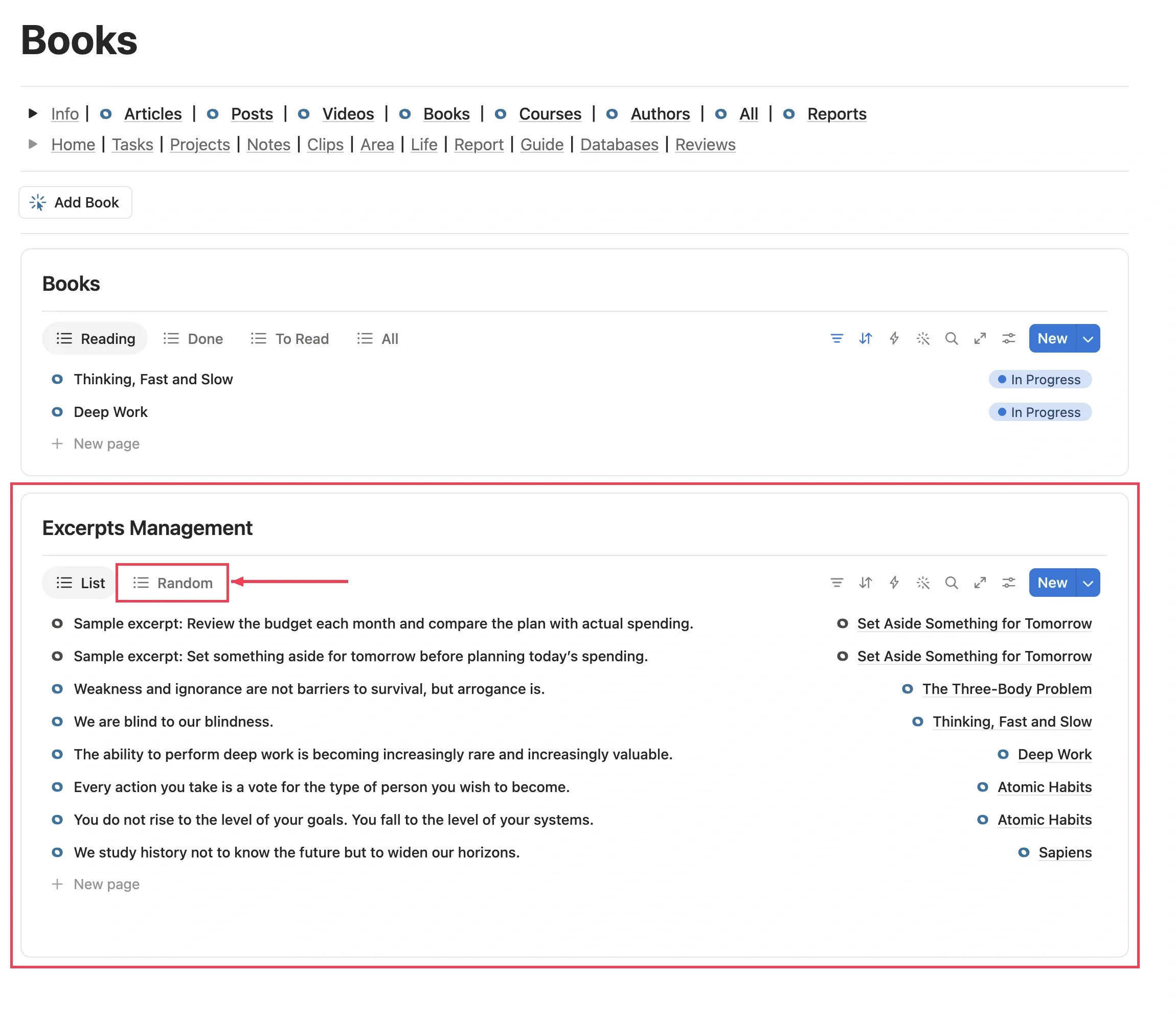 All book excerpts in the excerpts module