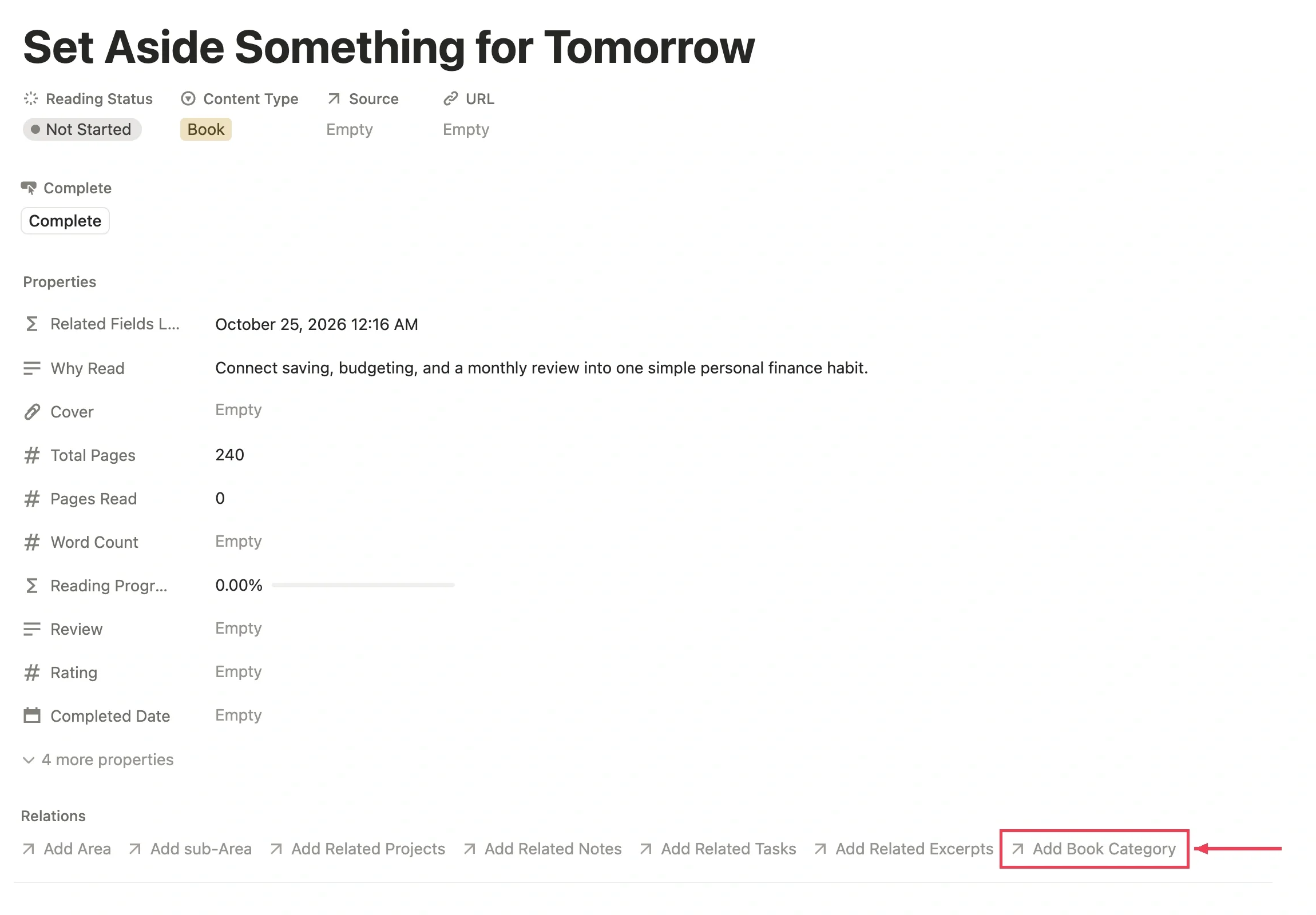 Add a reading list category to a book