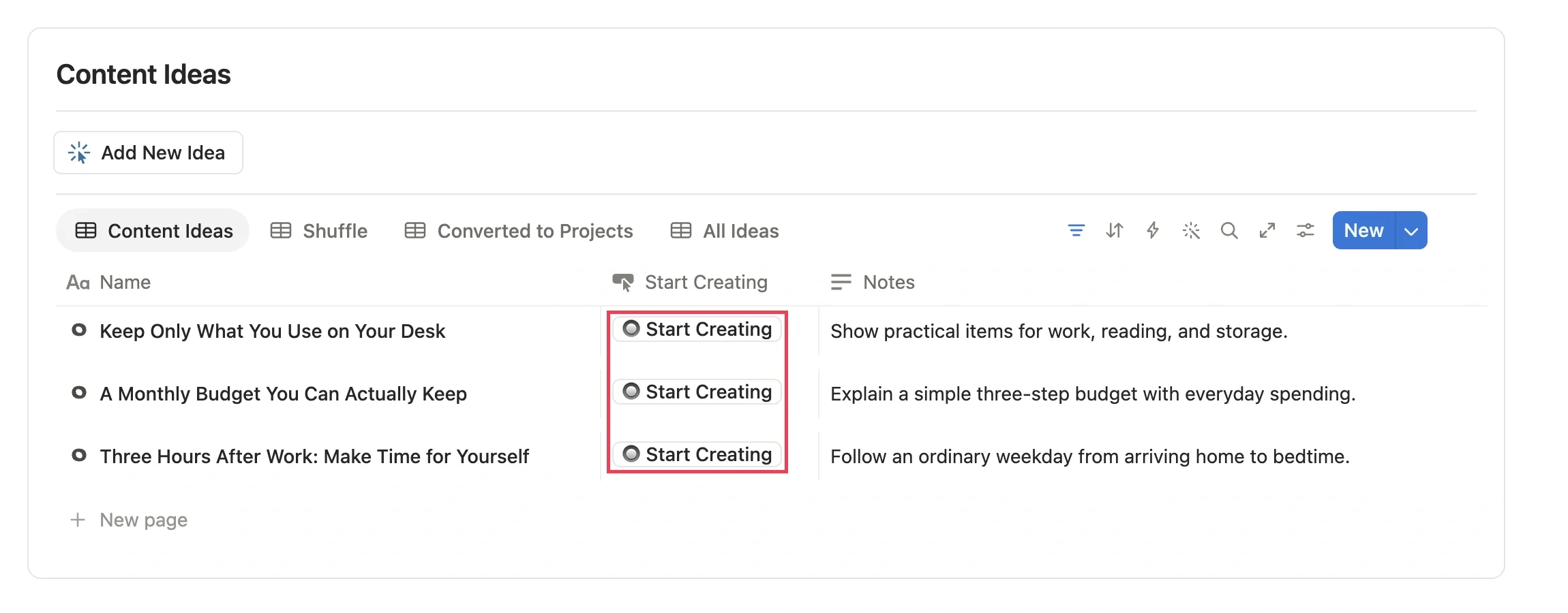 Click Start Creating to create a project page