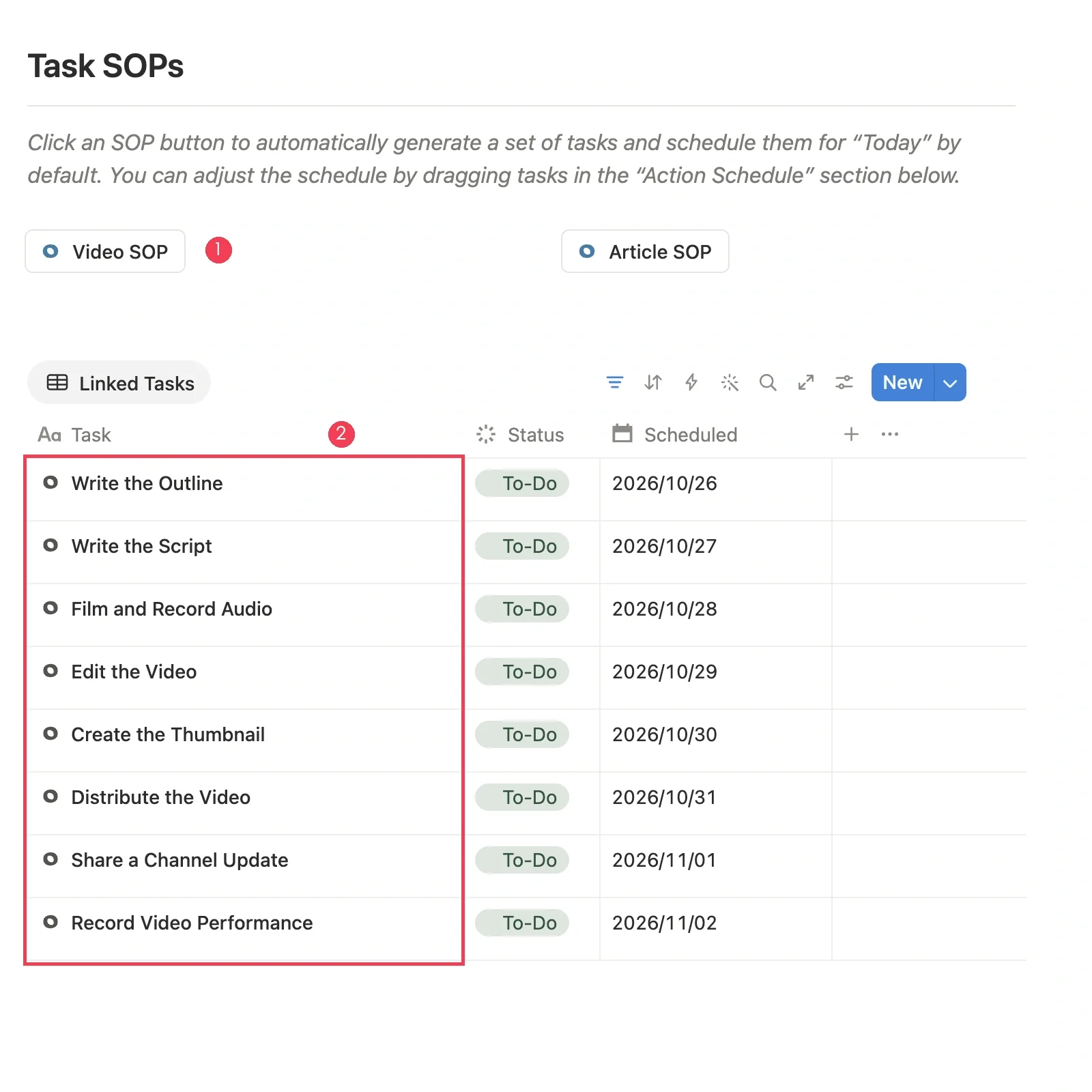 Automatically generated video creation tasks